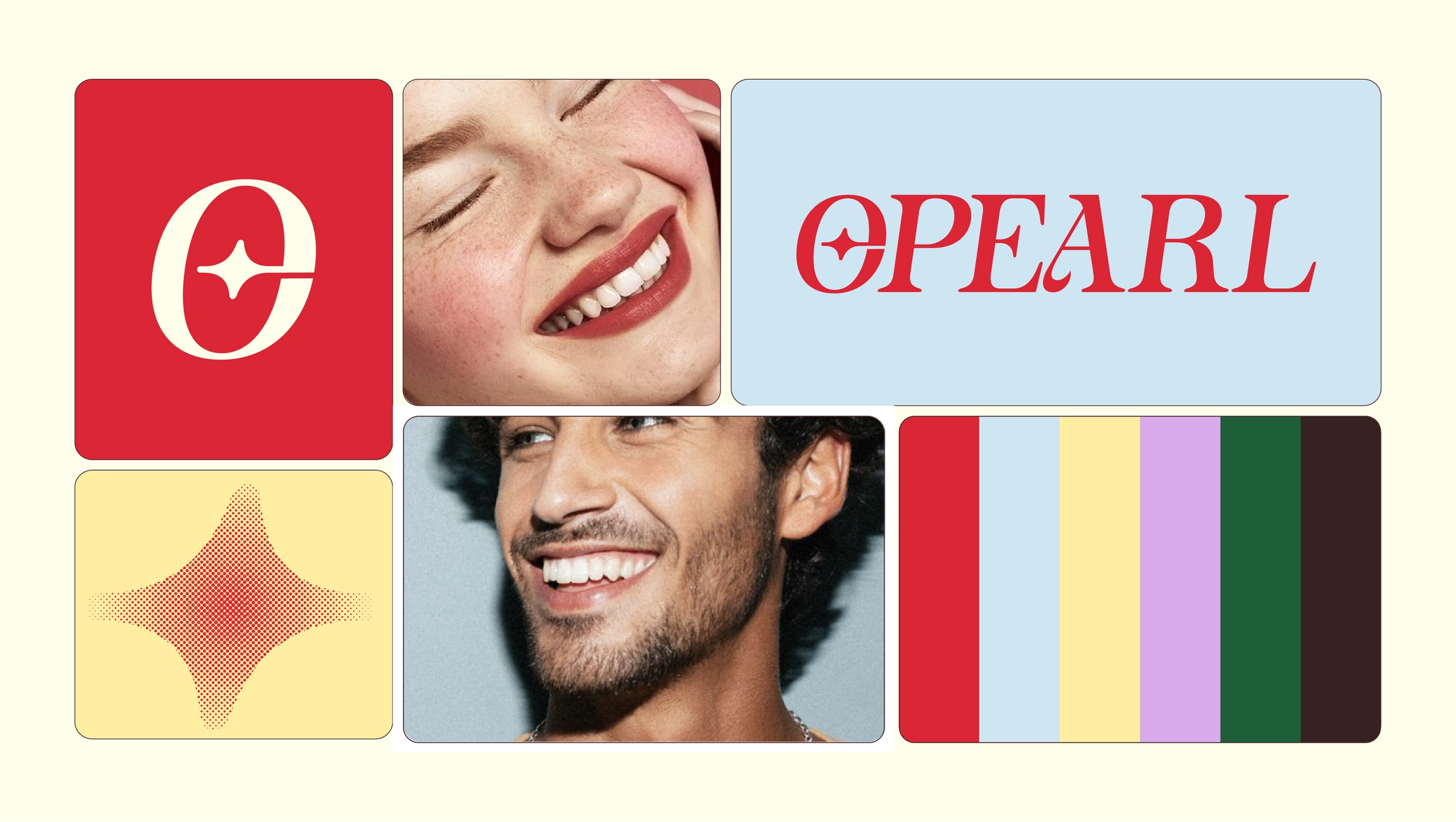 Brand identity collage with Opearl logo and color systems
