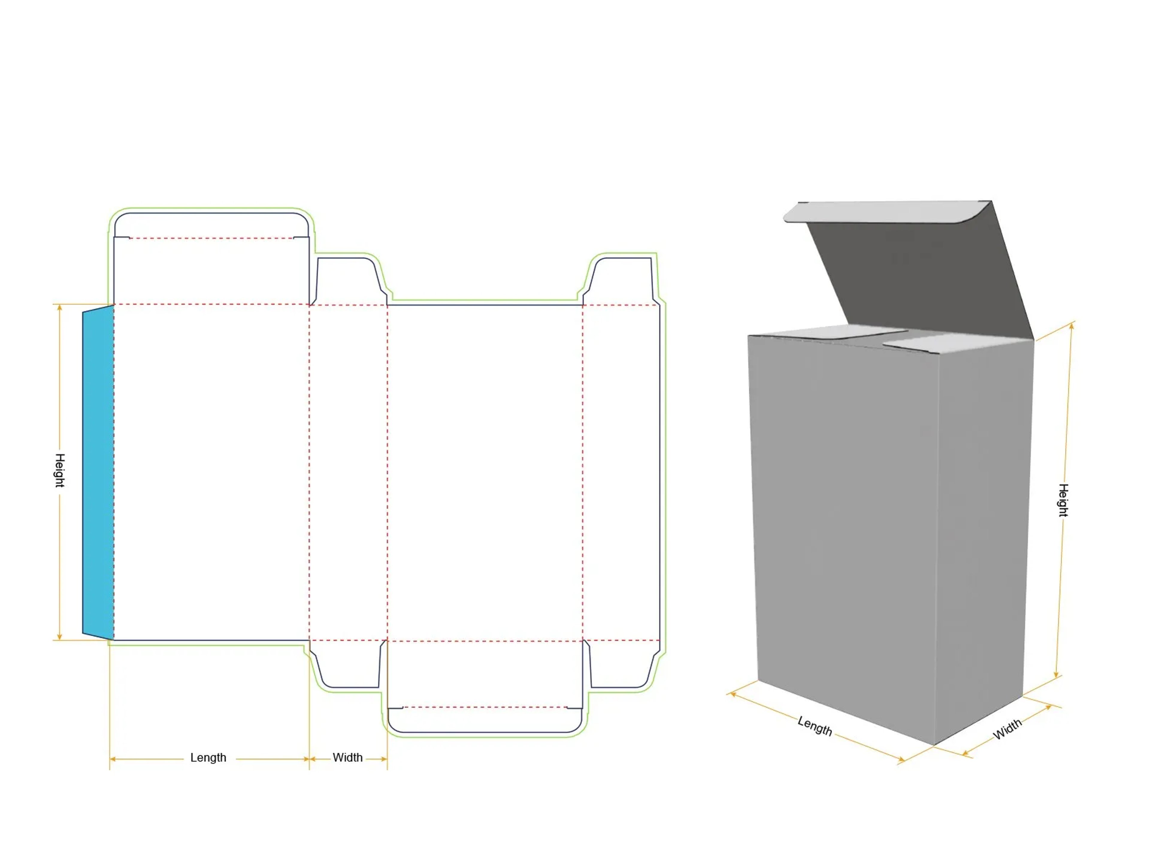 A packaging dieline — the flat cut-and-crease layout of a carton with length, width and height marked, beside its folded 3D form