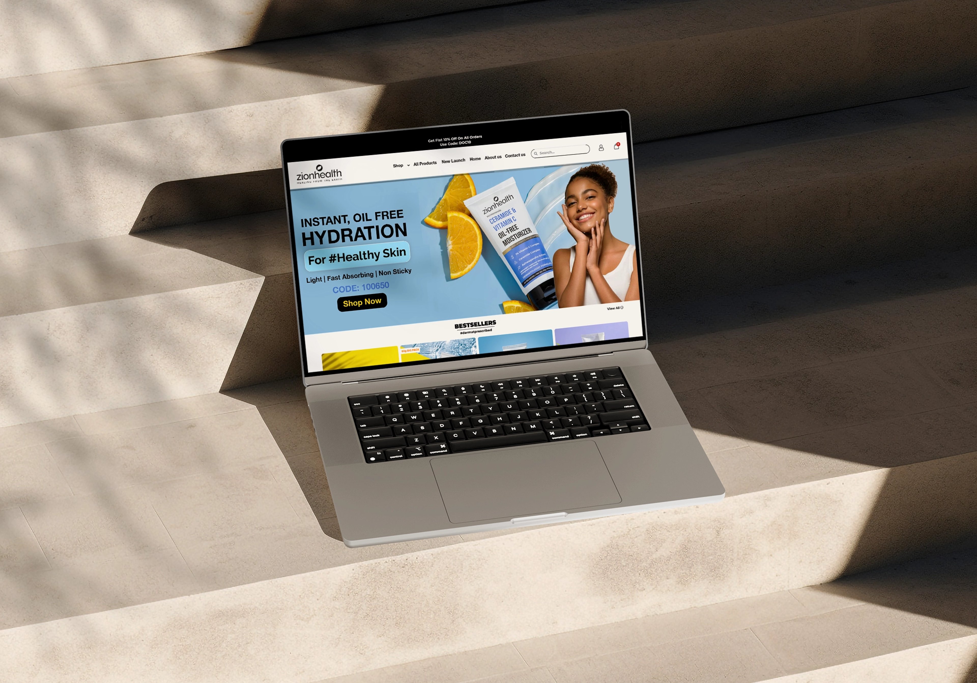 Laptop displaying a hydration brand landing page
