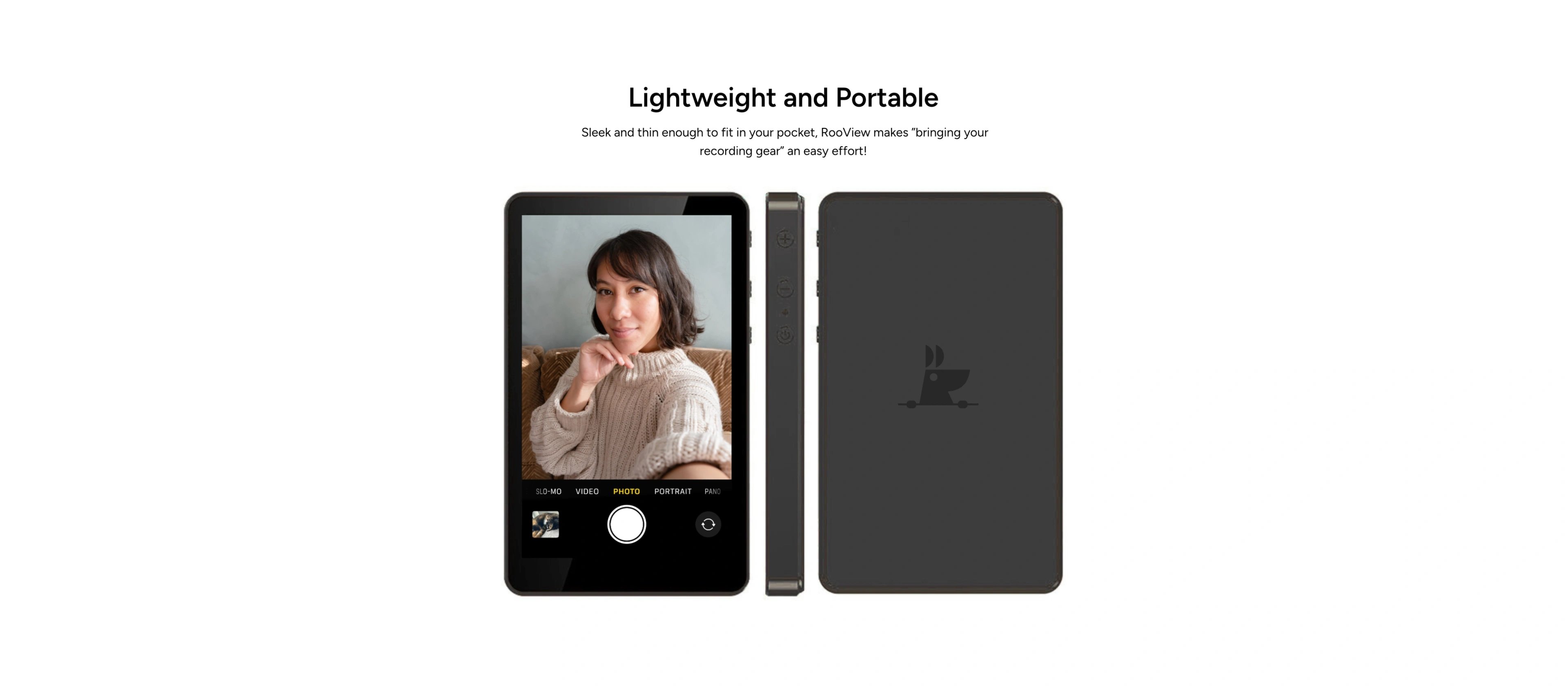 the RooView 'lightweight and portable' page section showing the phone camera UI with recording controls