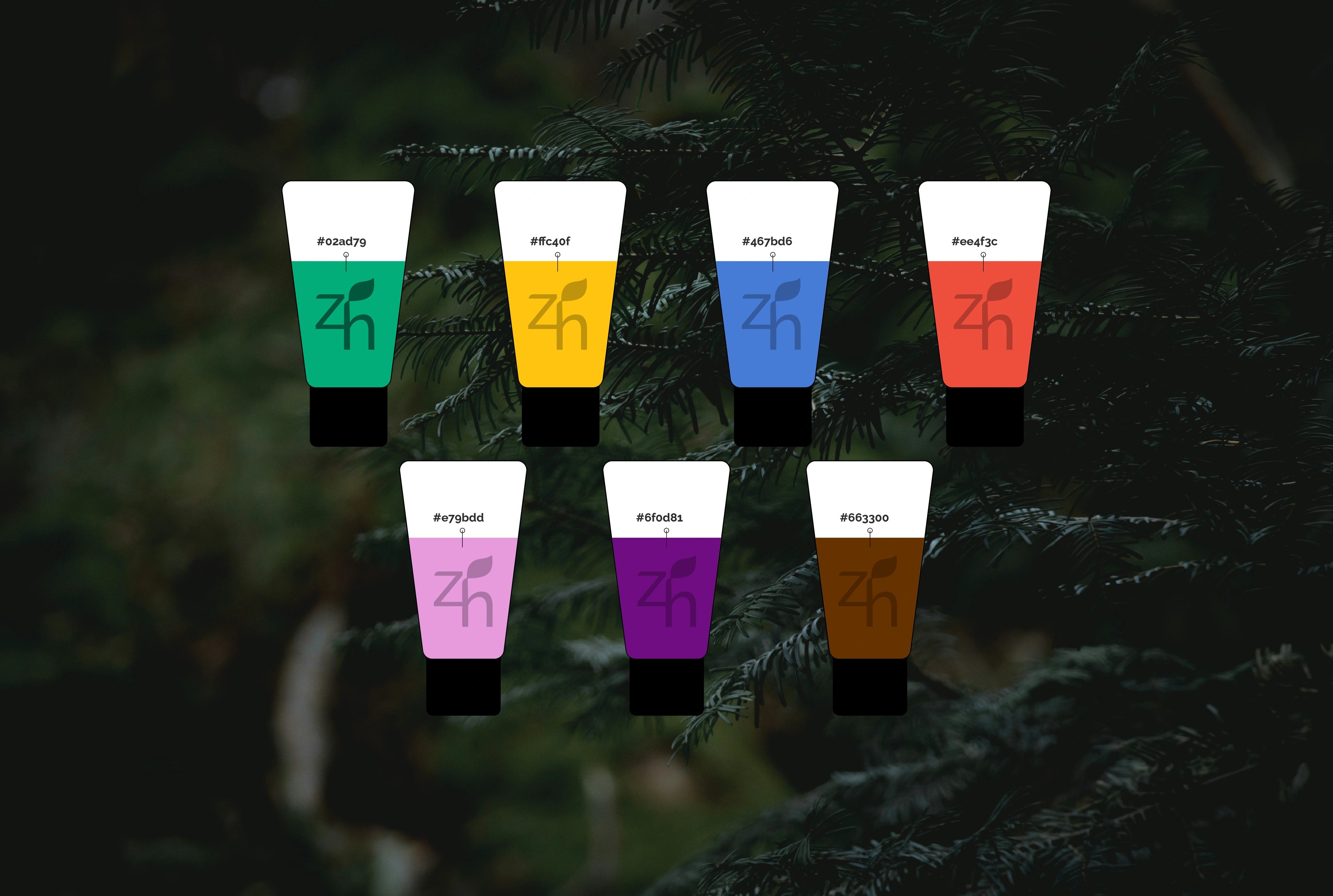 Zion Health product range — colour-blocked care tubes carrying zh labels on a dark botanical surface