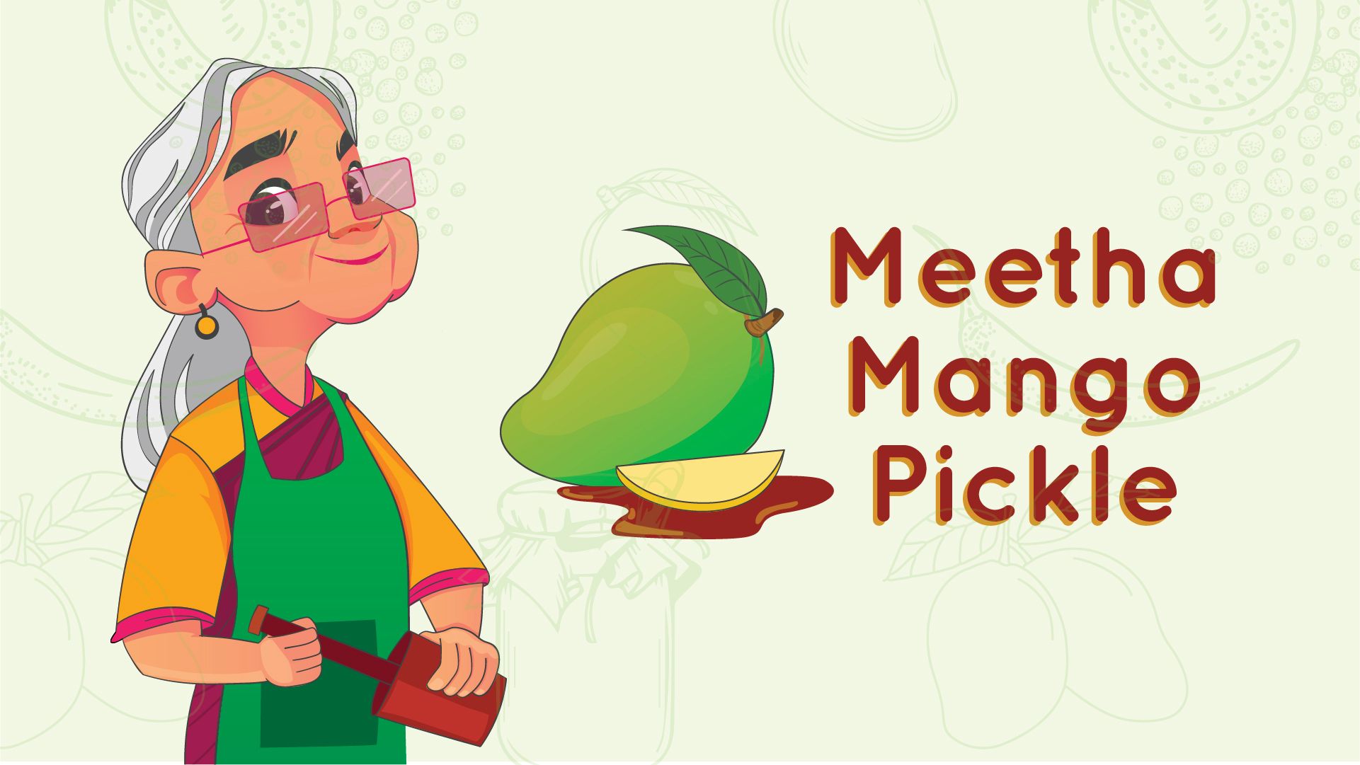 Punchmeal's illustrated dadi mascot beside a hand-drawn mango and "Meetha Mango Pickle" lettering