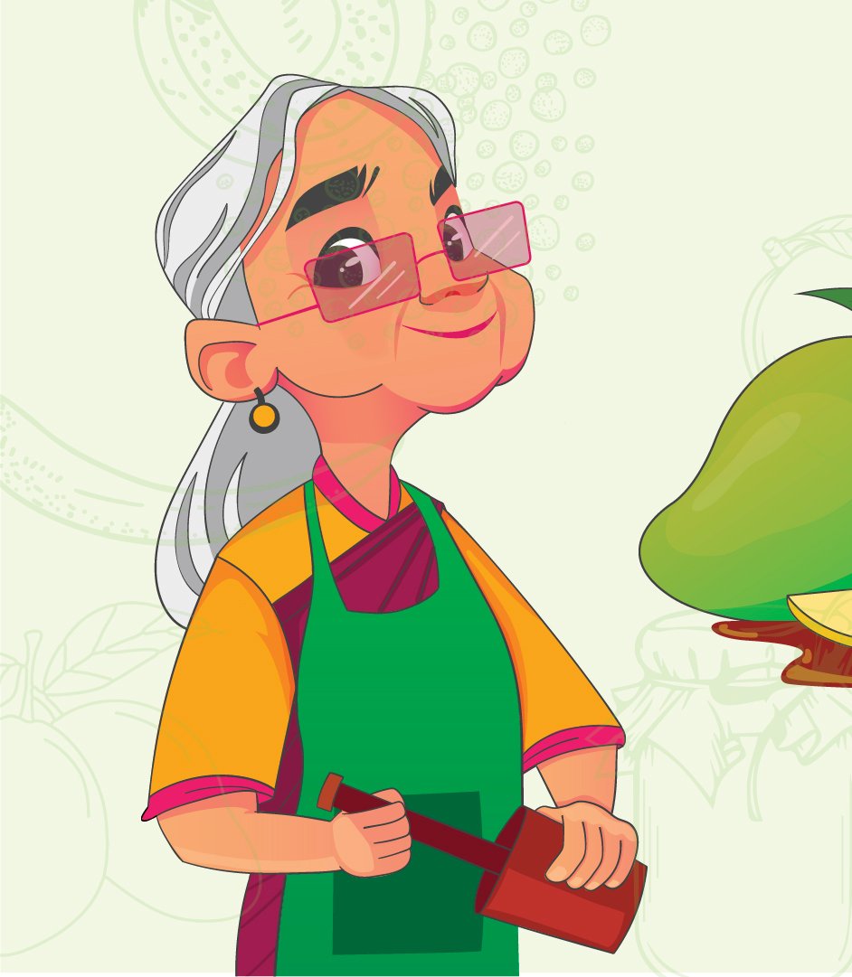 Punchmeal's illustrated dadi mascot beside a hand-drawn mango and "Meetha Mango Pickle" lettering