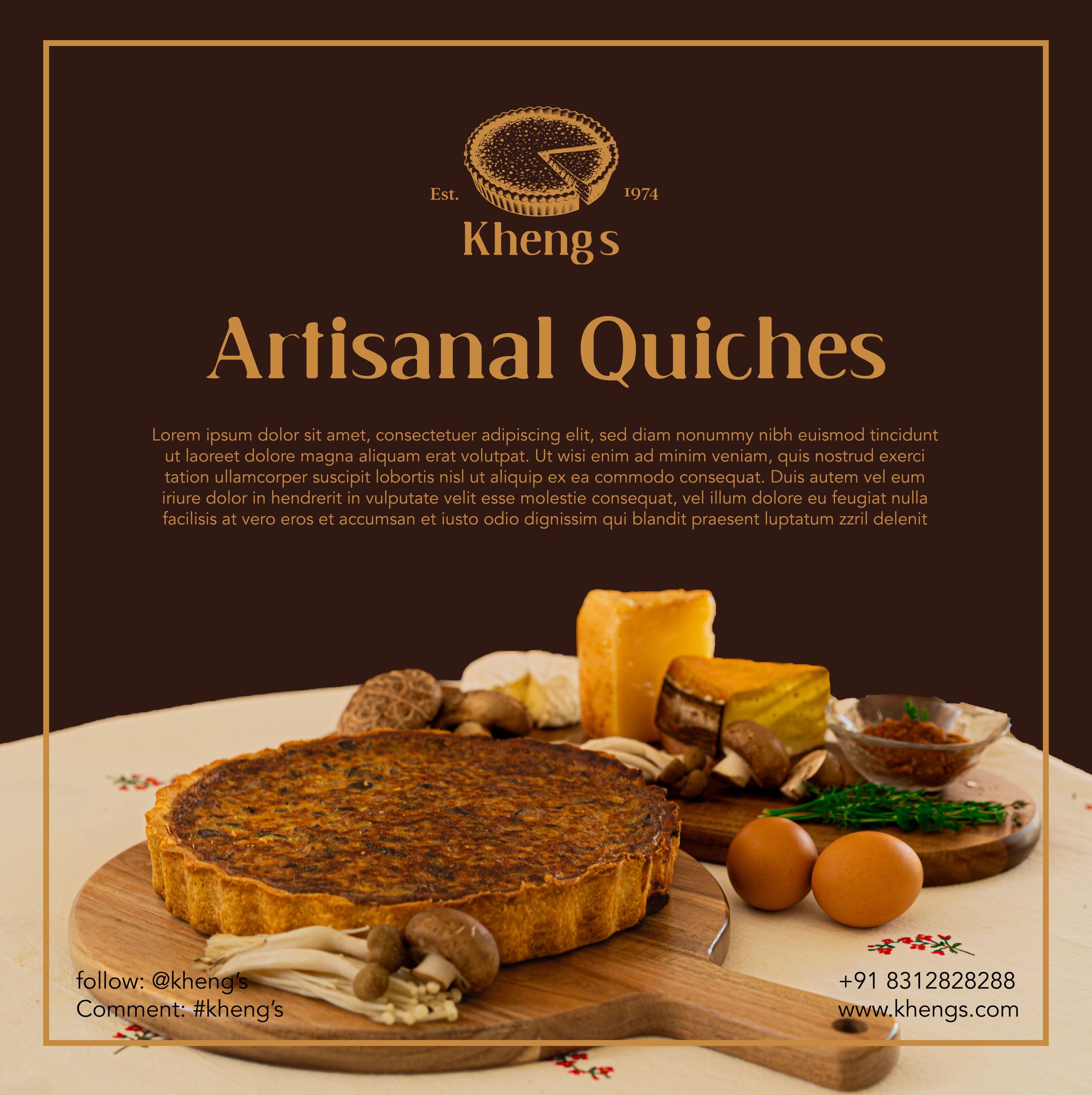 Kheng's artisanal quiche served whole on a rustic board with fresh ingredients