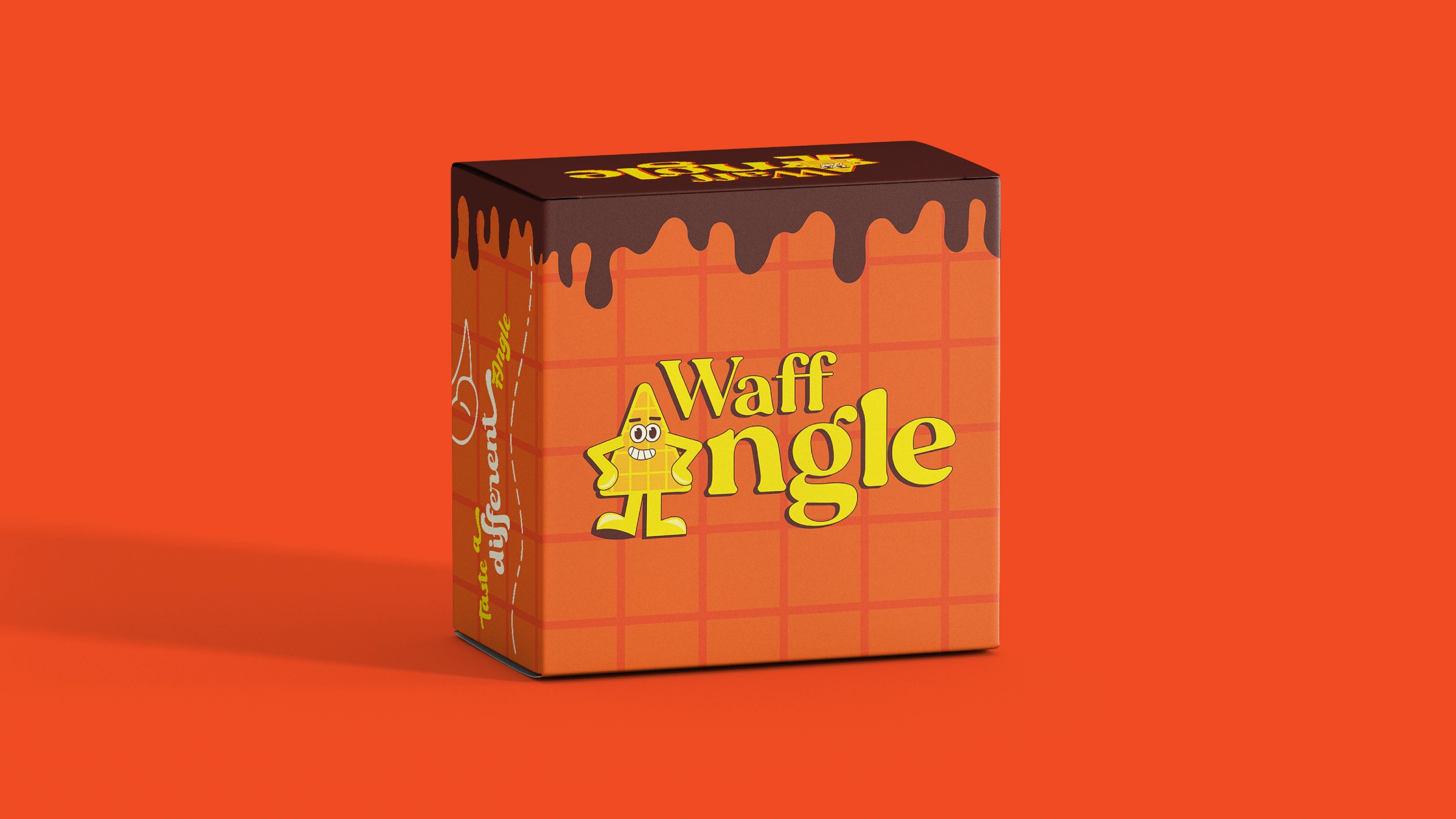 Waffangle takeaway box with a chocolate-drip top on a bright orange backdrop