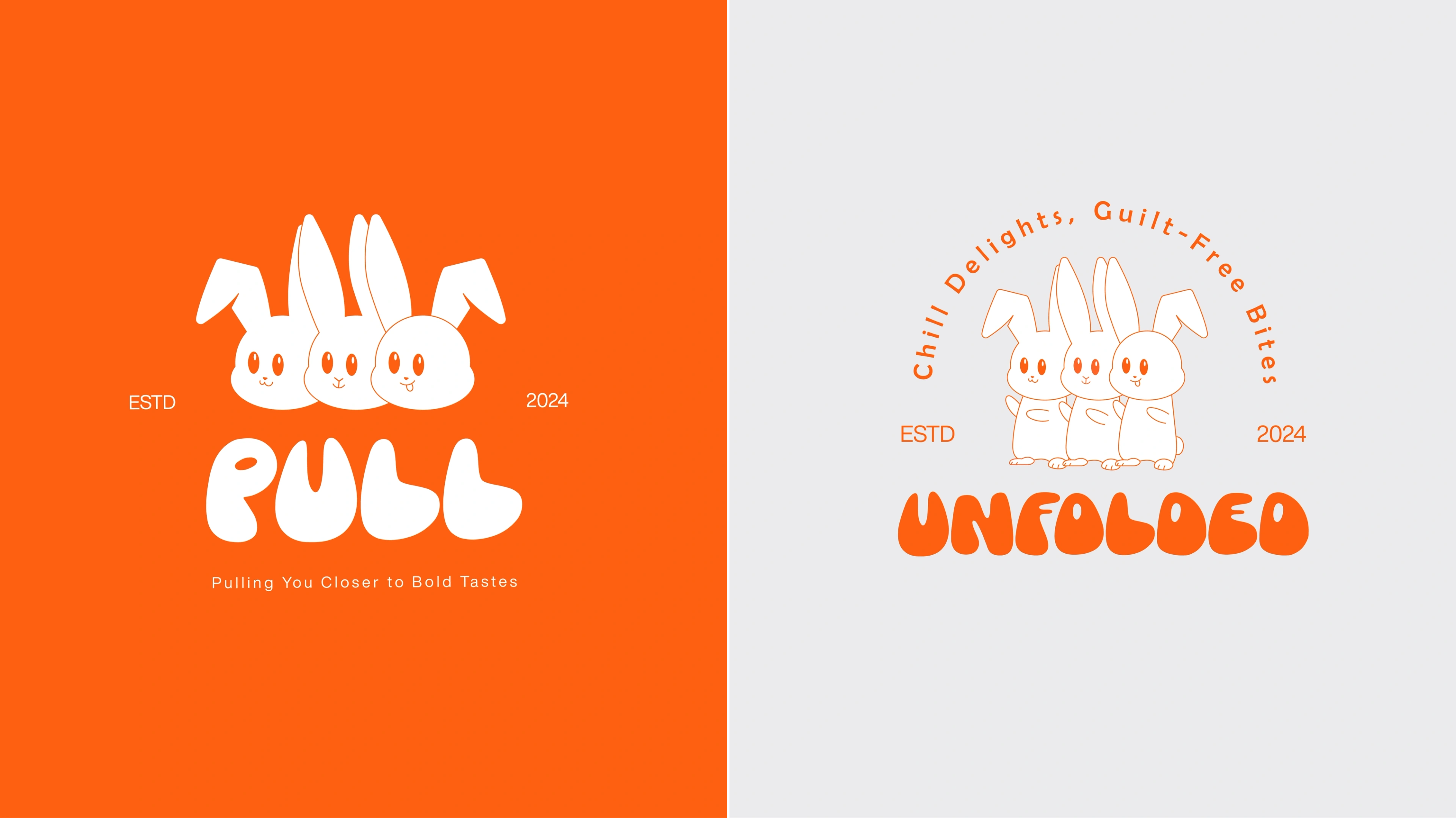 PULL and UNFOLDED sister-brand wordmarks side by side with the orange bunny repeat pattern