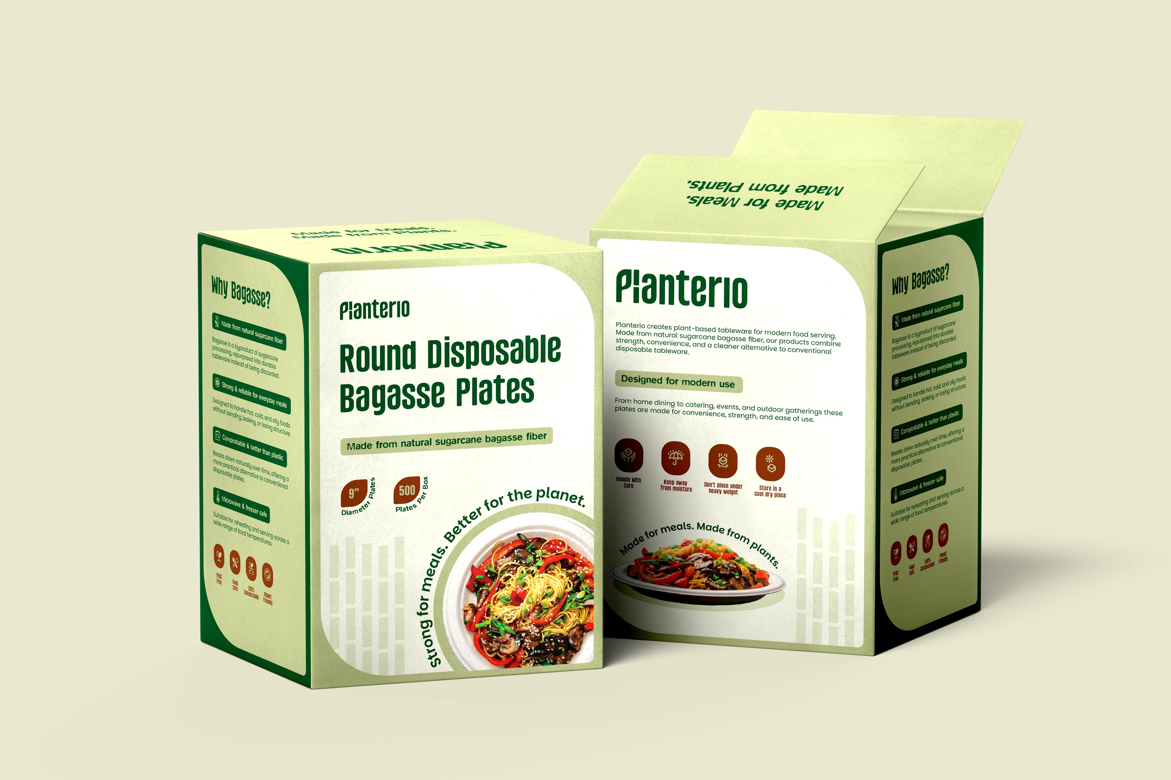Planterio 'Round Disposable Bagasse Plates' box shown front and side on cream