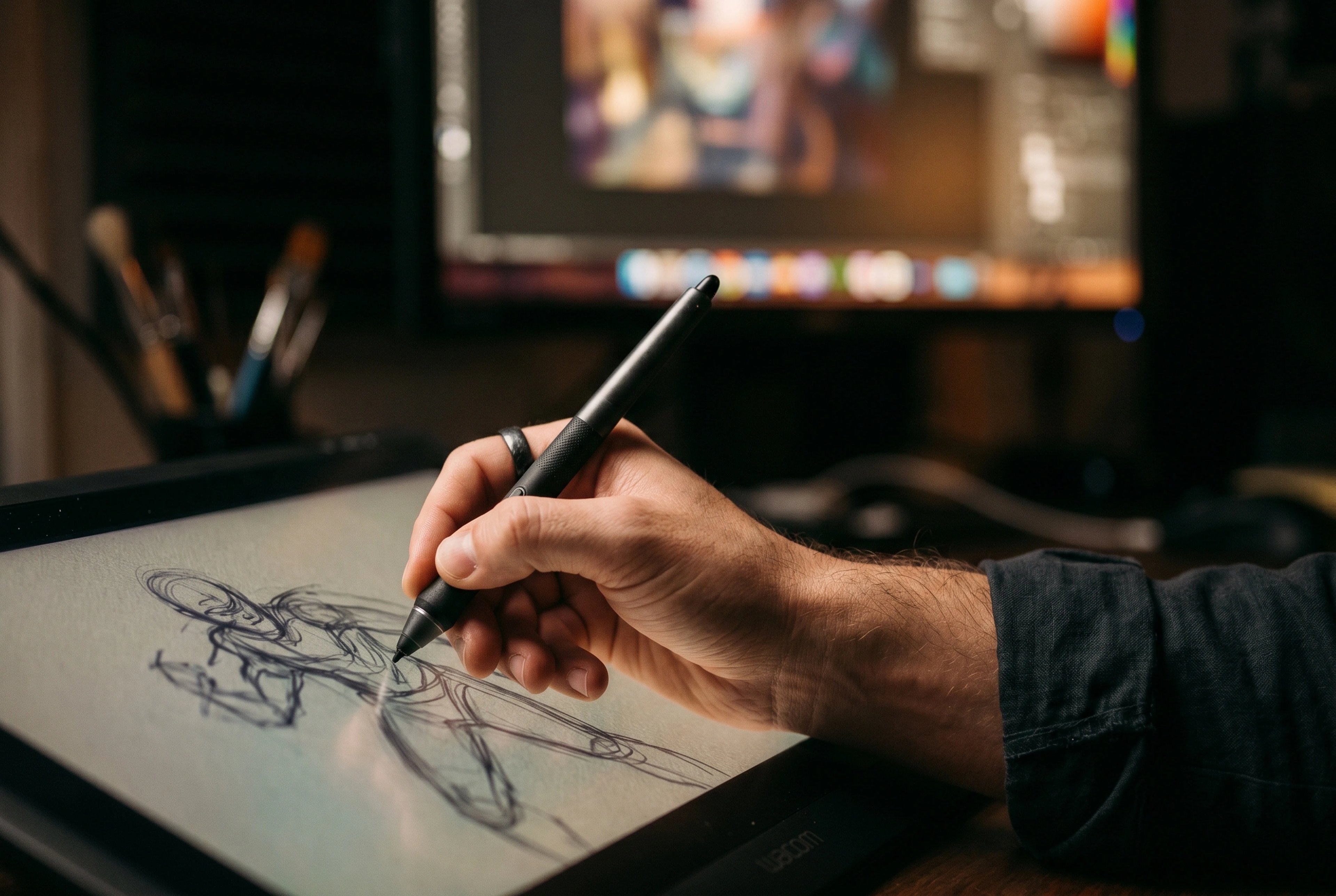 Close-up of a hand sketching with a stylus on a pen tablet, monitor glowing behind