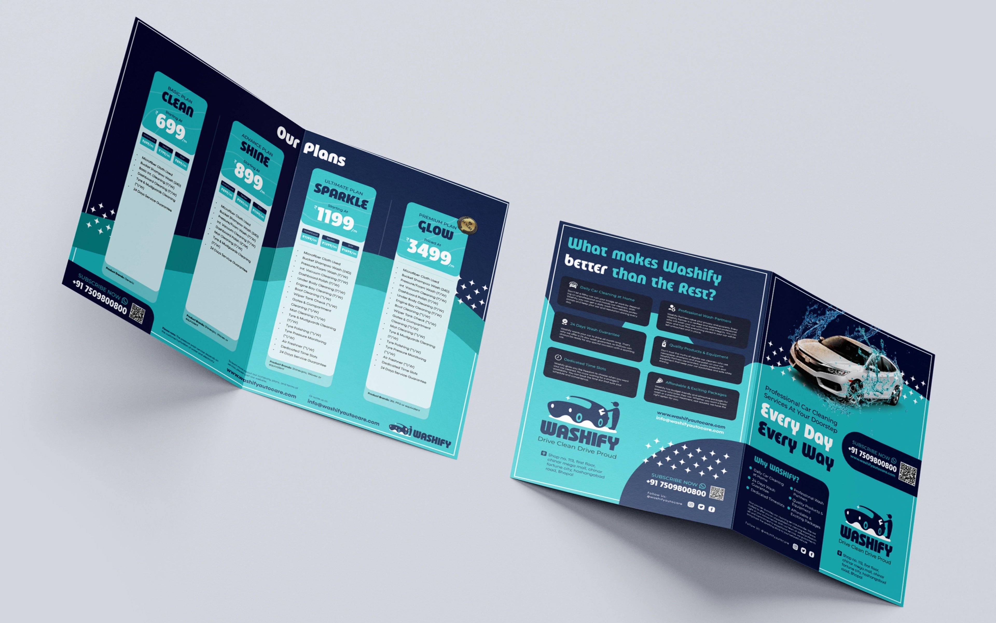 Washify trifold brochure mockup shown folded, in navy and aqua