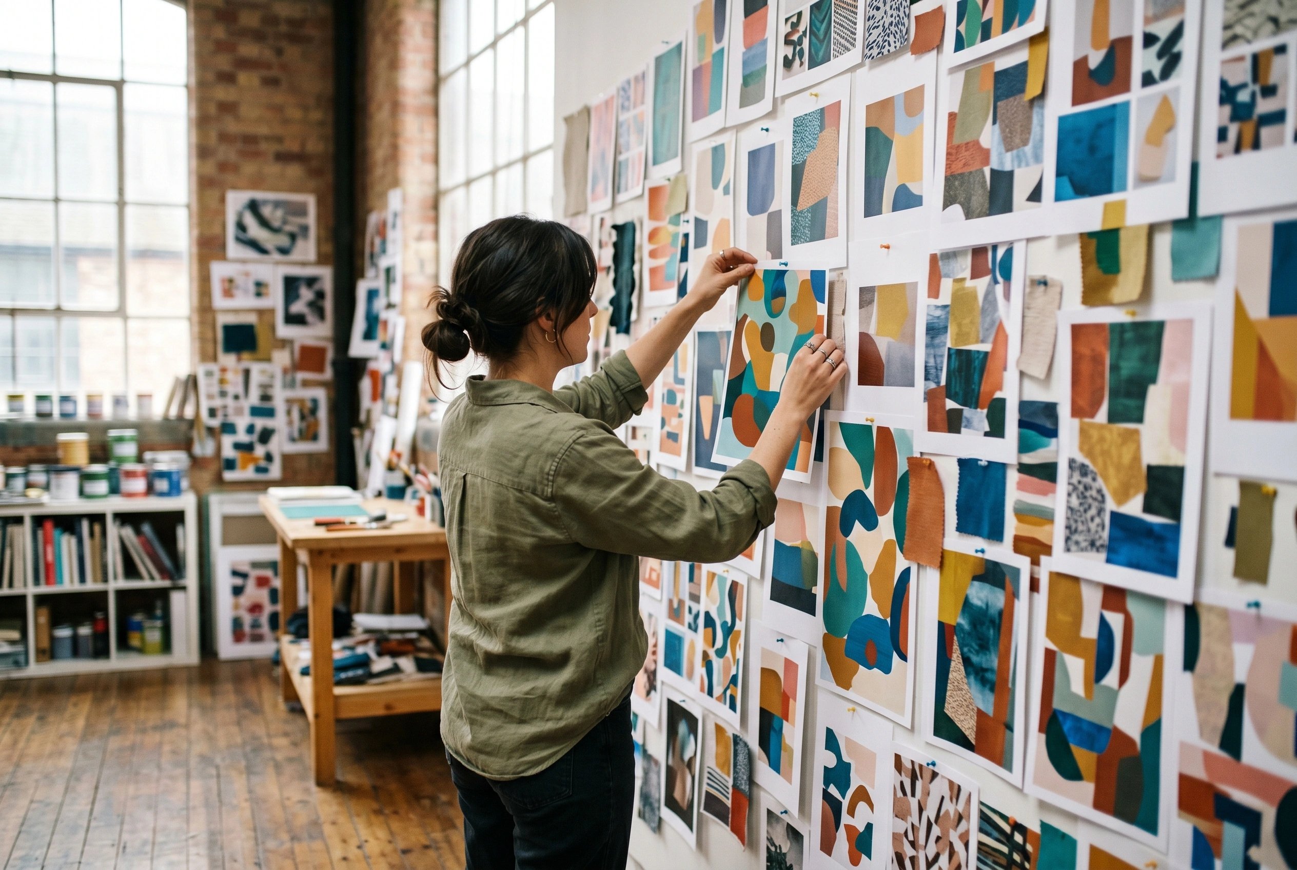 Designer pinning colour and imagery explorations onto a studio moodboard wall