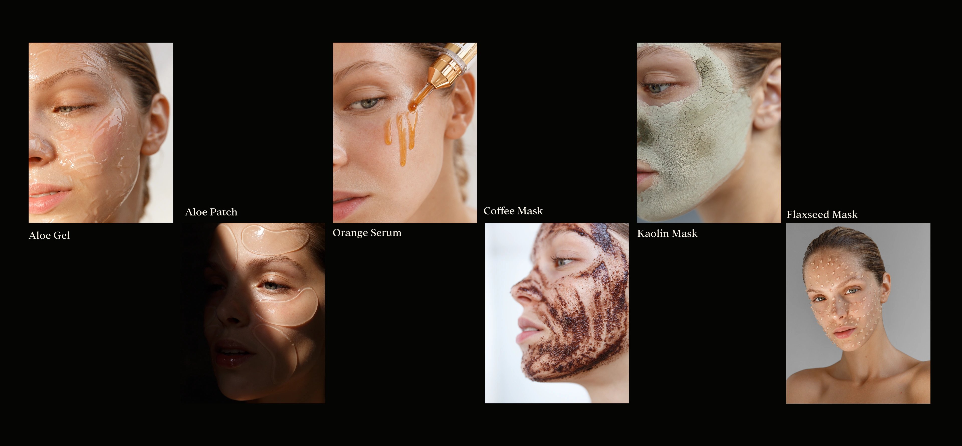 Zion Health skincare ritual collage — clay masks and serums applied across close-up skin shots on black
