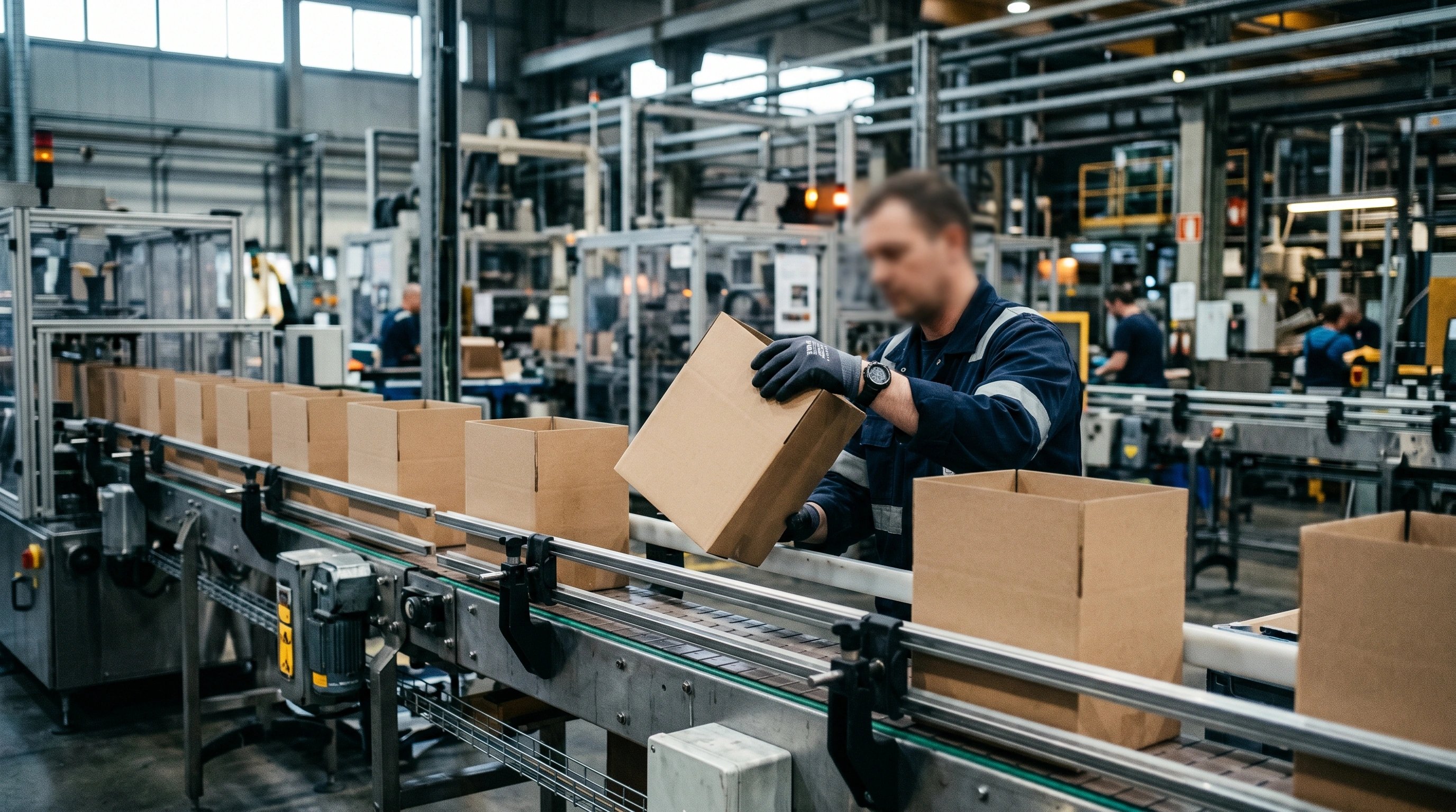 Gloved hands inspecting folded cartons on a production line