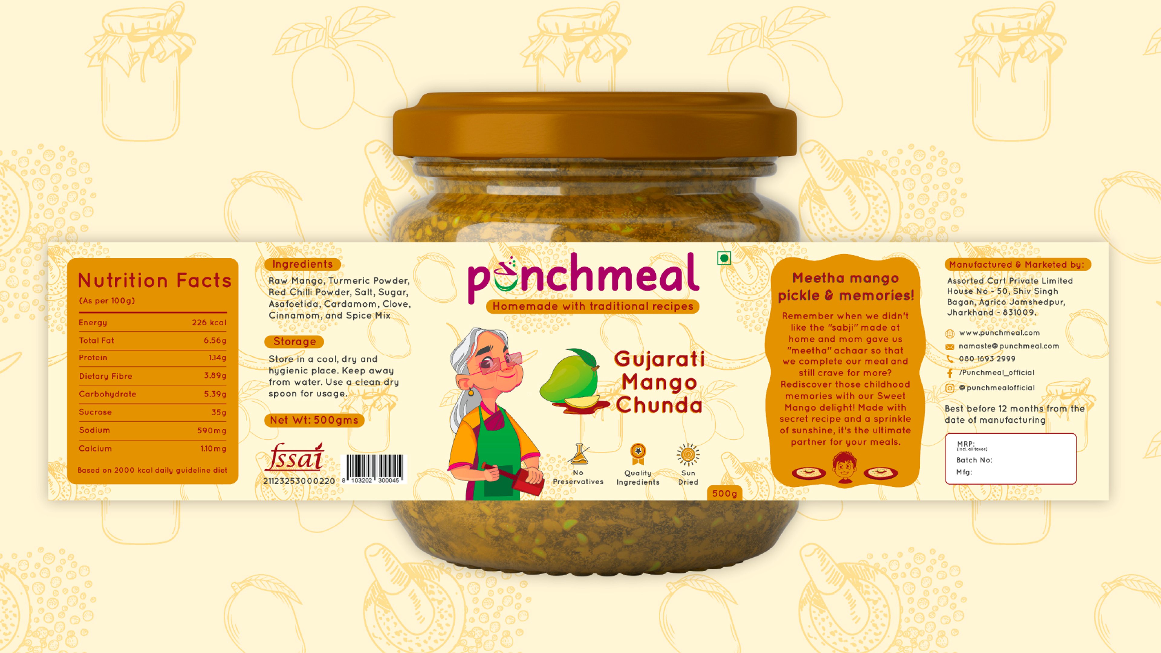 Flattened Punchmeal Gujarati Mango Chunda label — nutrition panel, ingredients, dadi illustration and the brand story