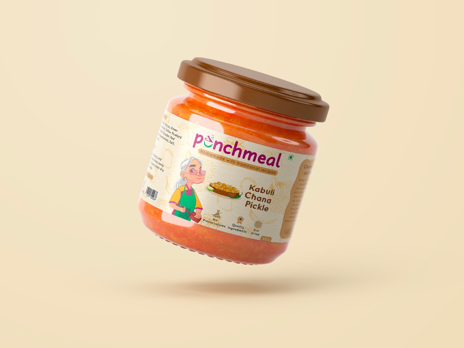 A single Punchmeal Kabuli Chana Pickle jar with a brown lid, floating on a warm cream backdrop