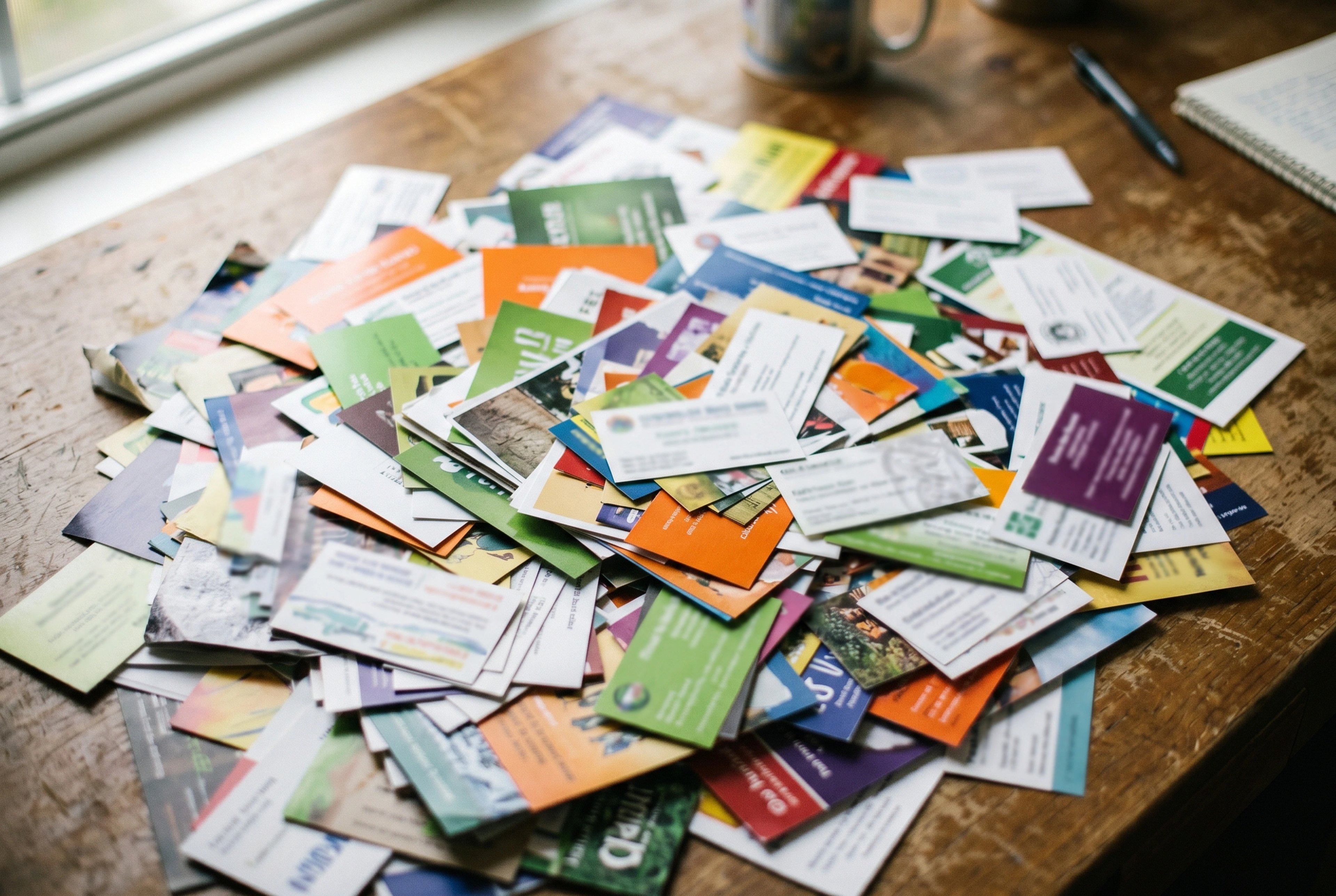 Pile of mismatched business cards and flyers in clashing colours and styles