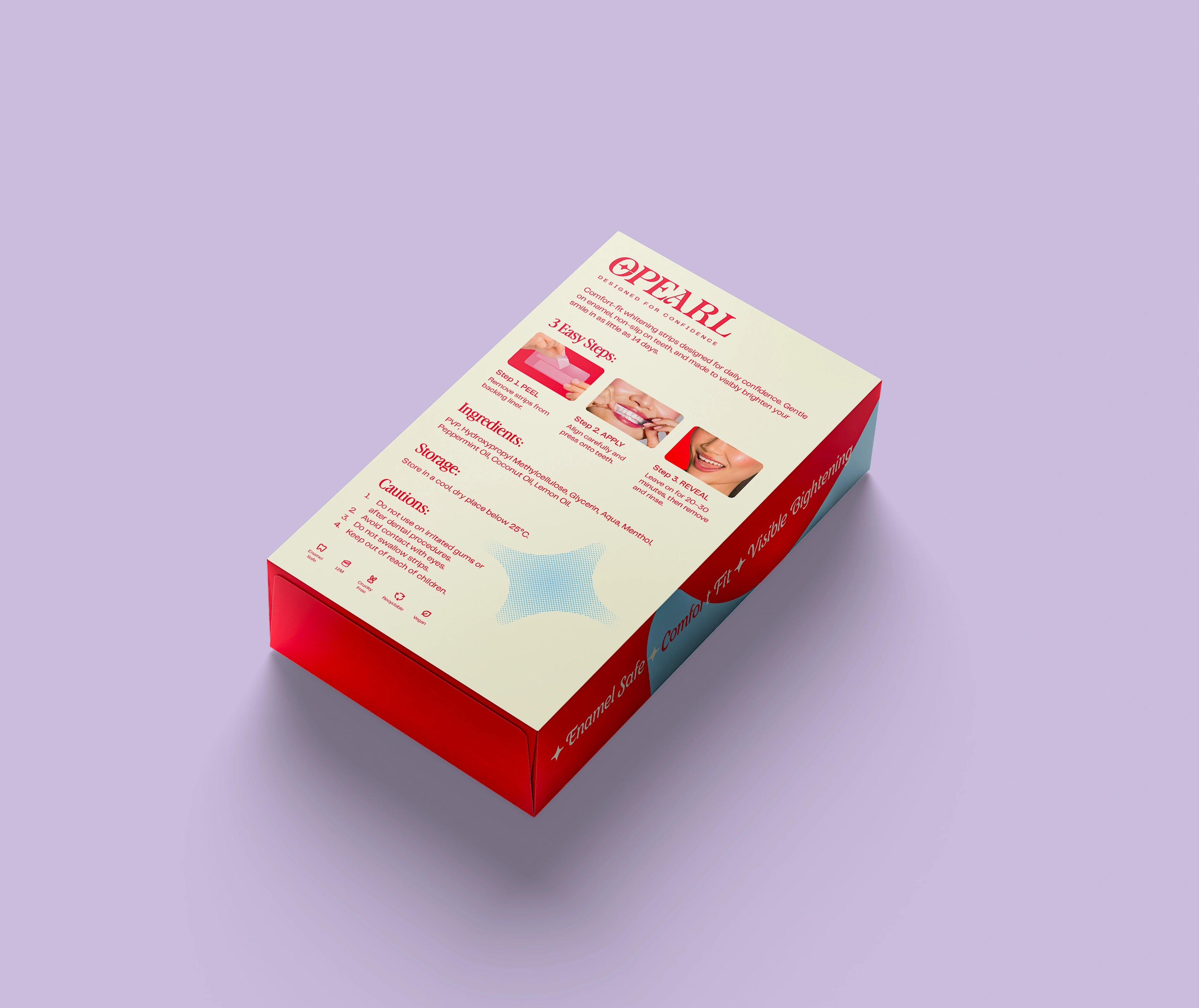 OPEARL teeth-whitening strips box lying flat on a lilac surface with the leaflet visible