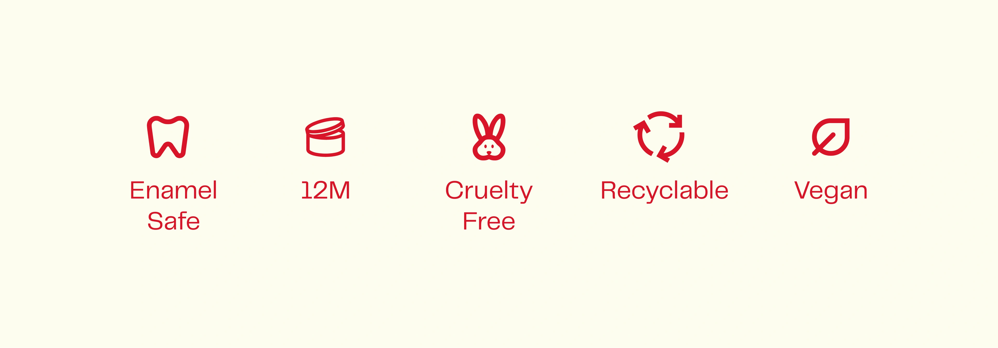 OPEARL product claims row — enamel safe, 12M, cruelty free, recyclable and vegan icons in red
