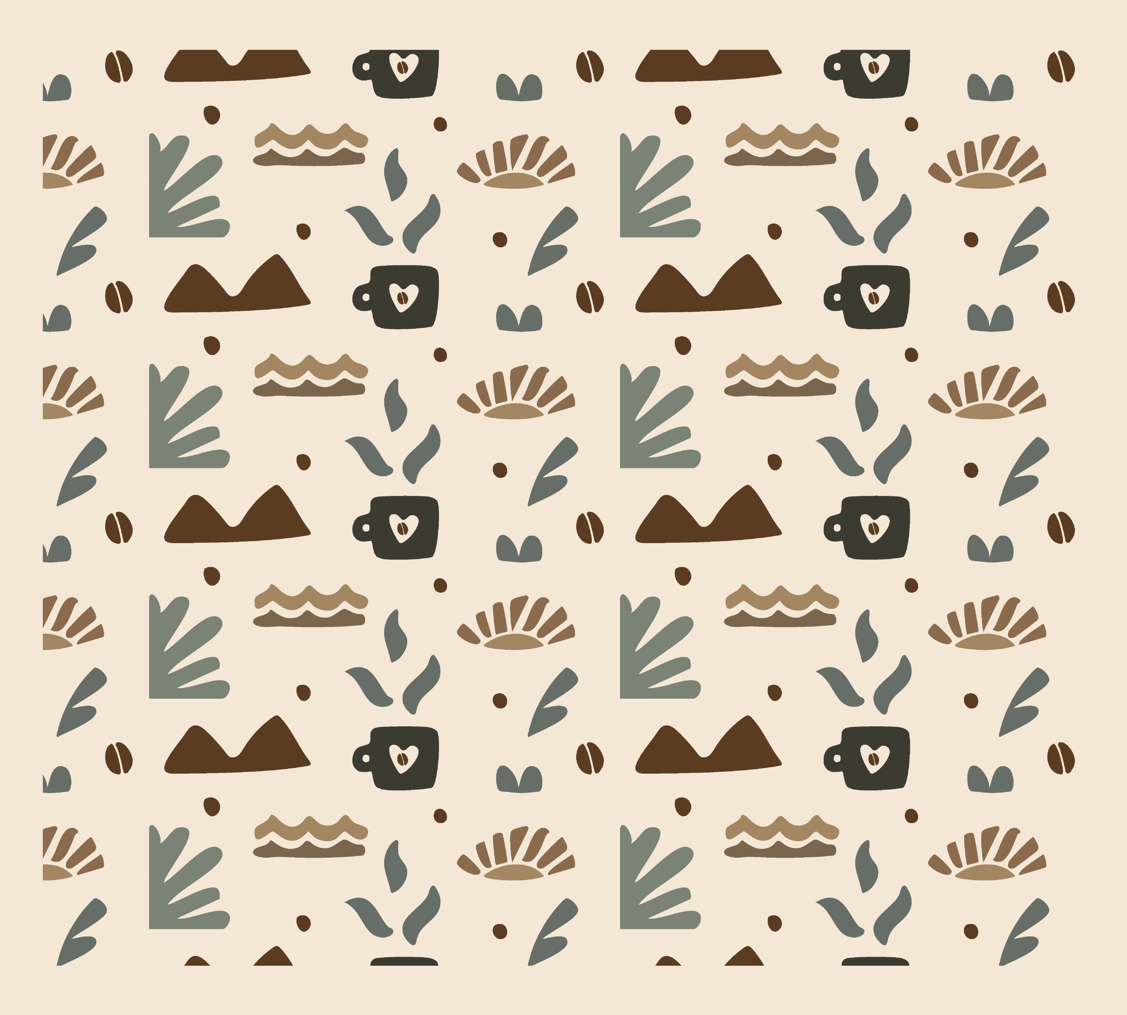 The Dry Café pattern of cups, mountains, beans and leaf icons on cream