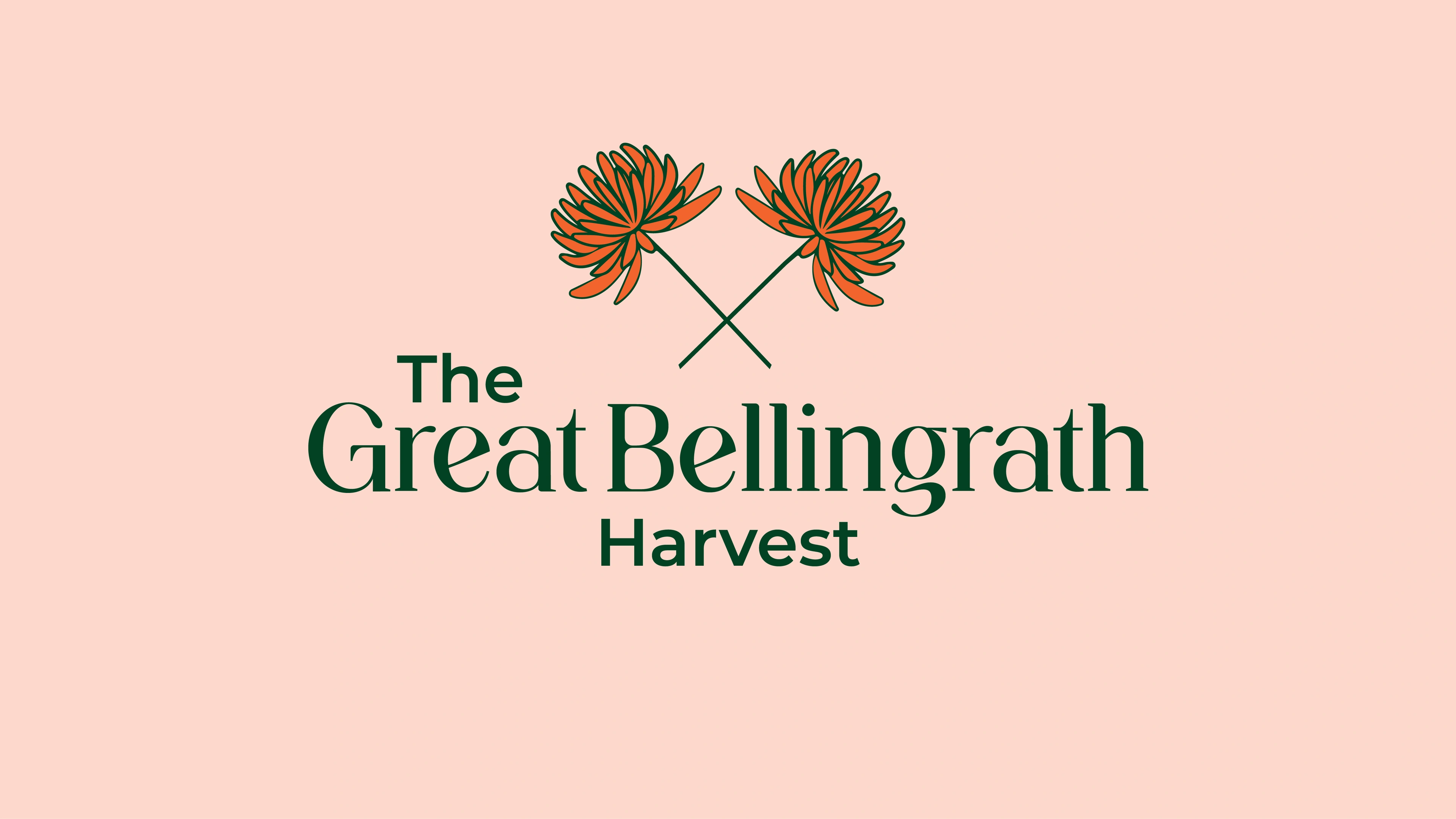 The Great Bellingrath Harvest secondary logo, two crossed flower stems above a centred serif wordmark on blush