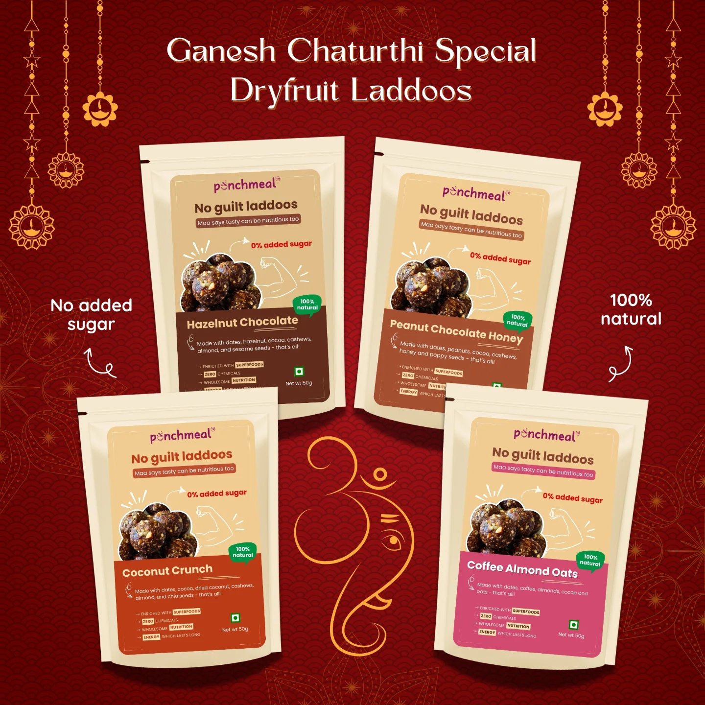 Punchmeal Ganesh Chaturthi social creative — four no-added-sugar dry-fruit laddoo packs on a festive red backdrop