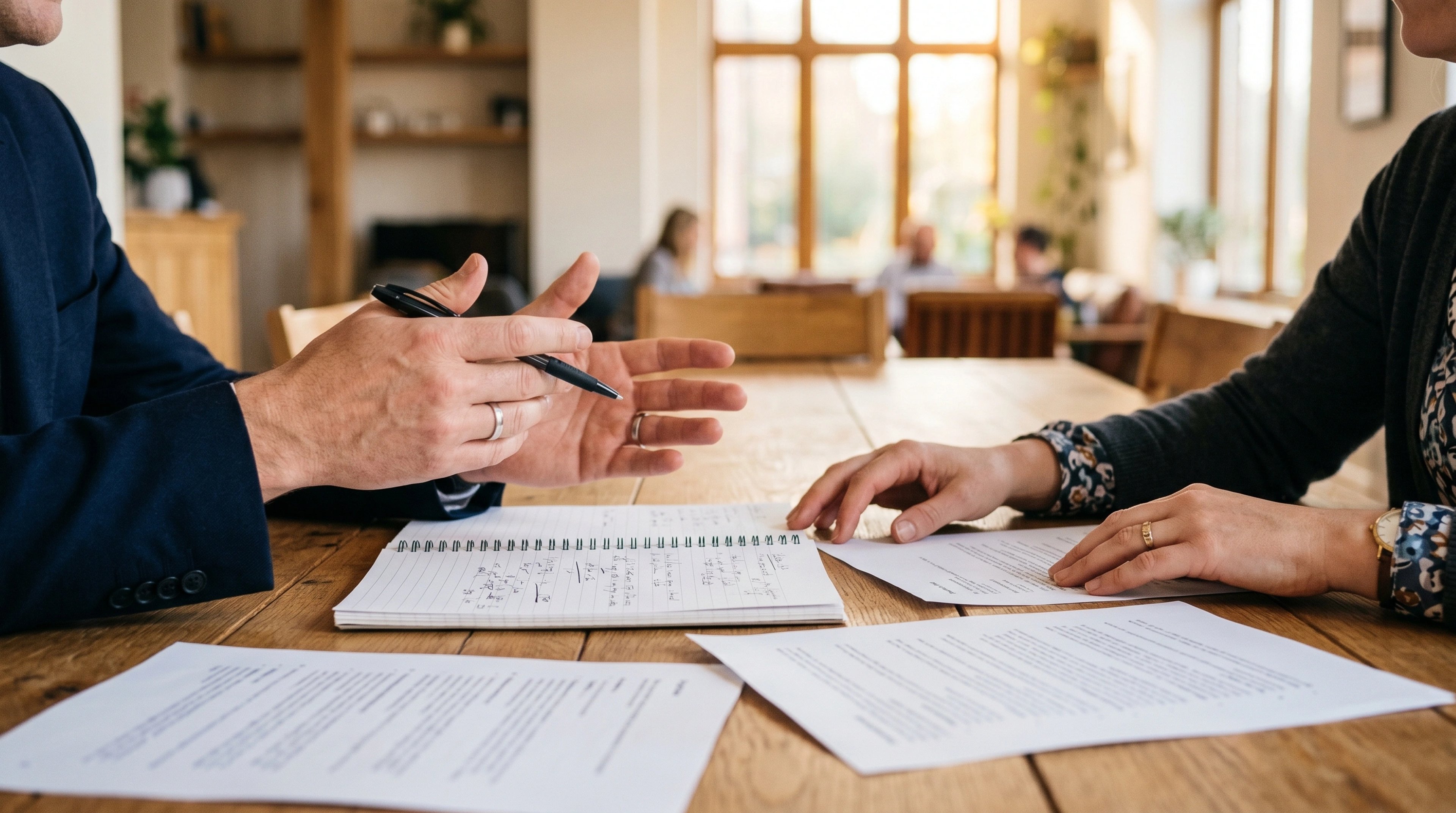 Hands across a meeting table over an open notebook and printed sheets