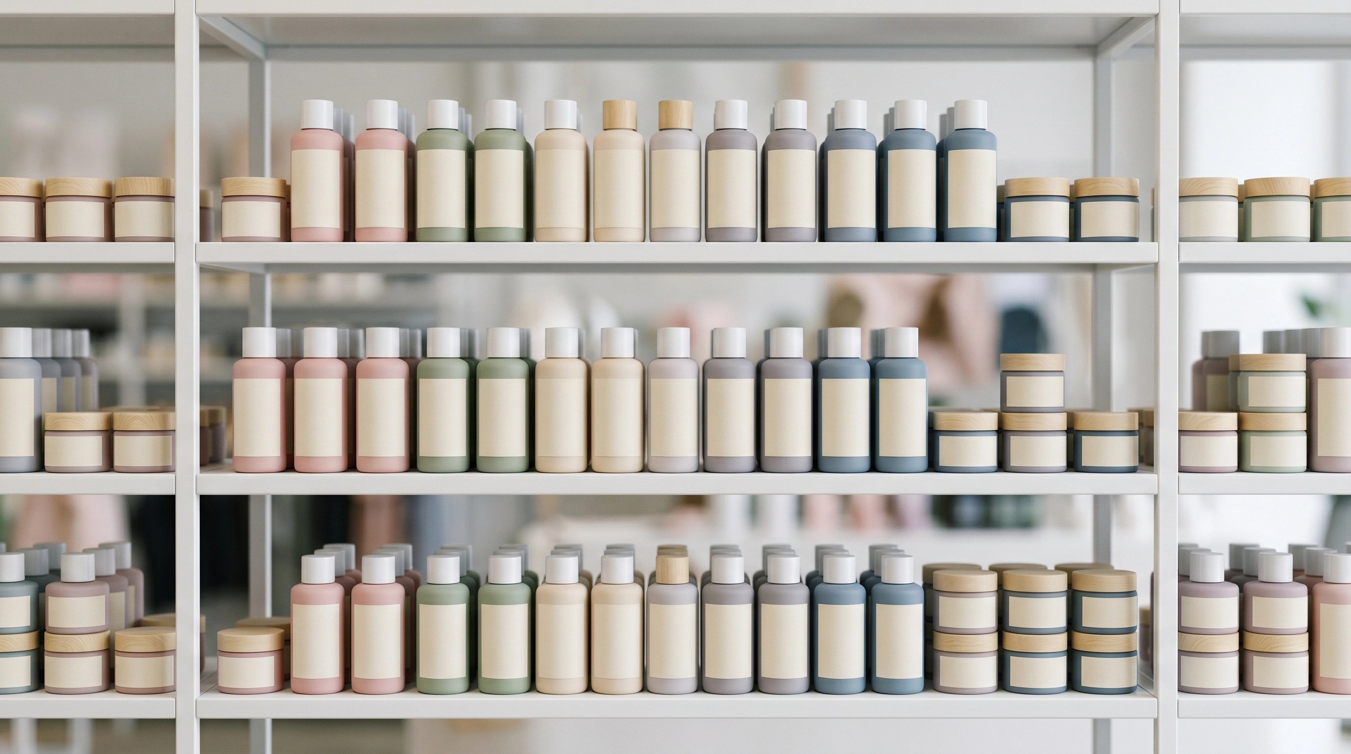 Retail shelf of near-identical minimalist pastel D2C bottles and jars