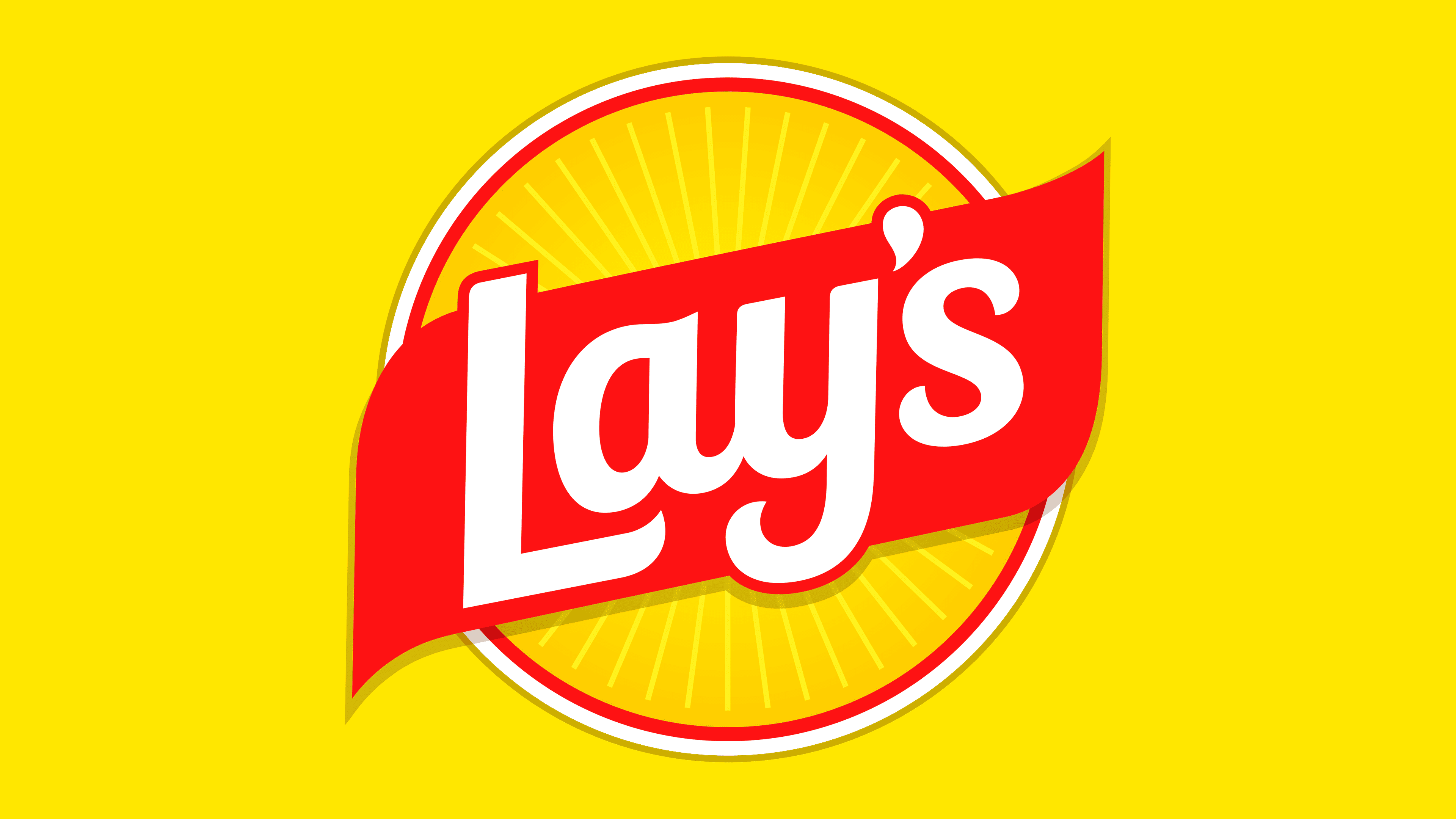 The redesigned Lay’s logo — a red ribbon wordmark over a yellow sunburst roundel on a bright yellow background