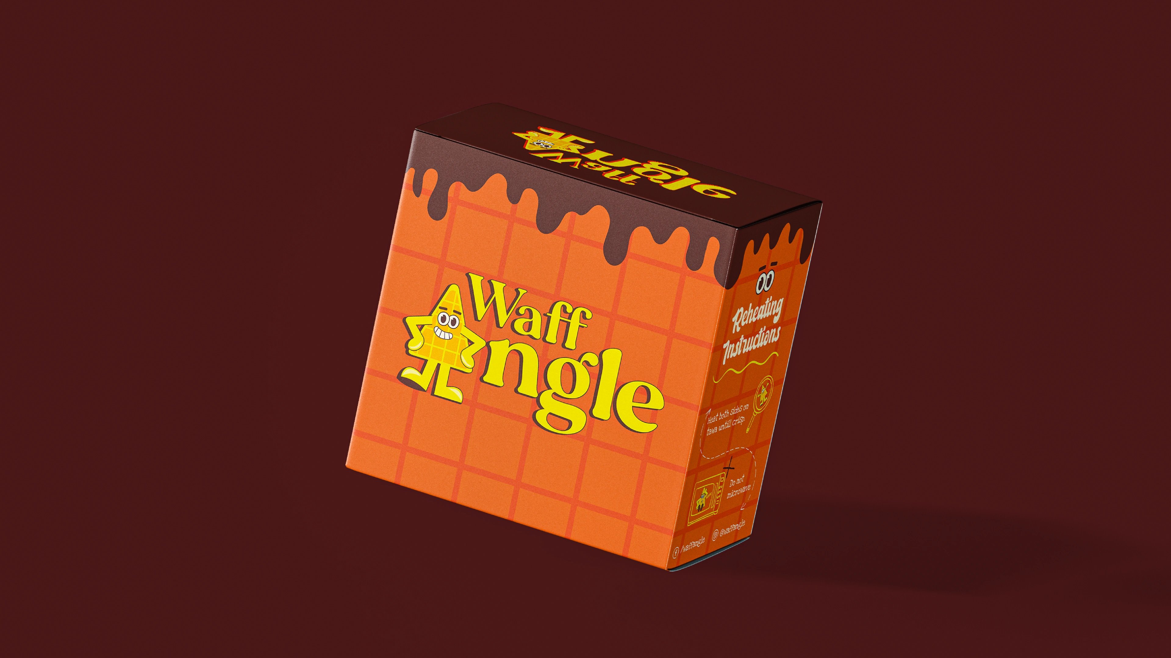 Waffangle single takeaway box with a chocolate-drip lid angled on a deep brown backdrop