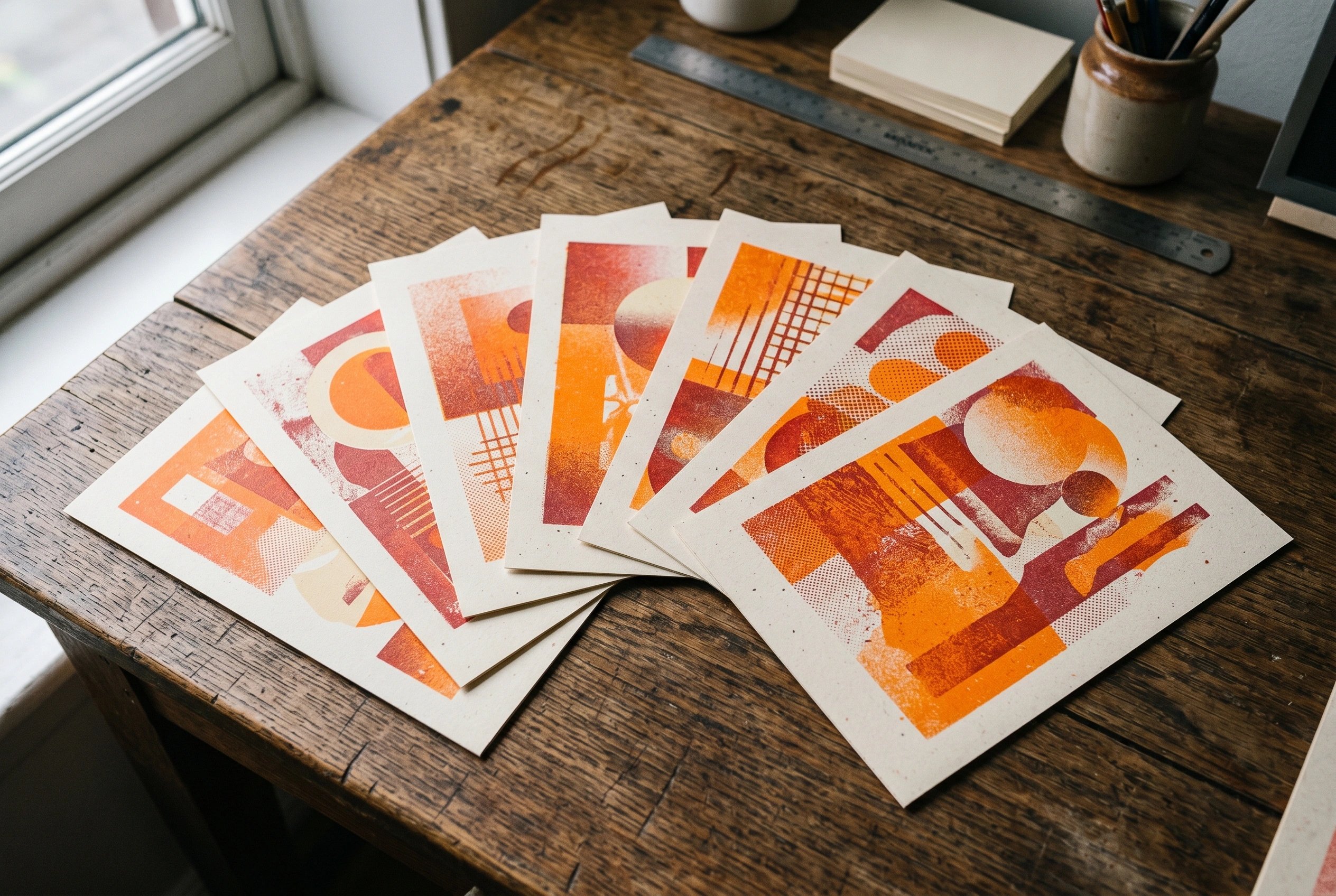 Risograph and grain-textured print samples fanned out on a studio table
