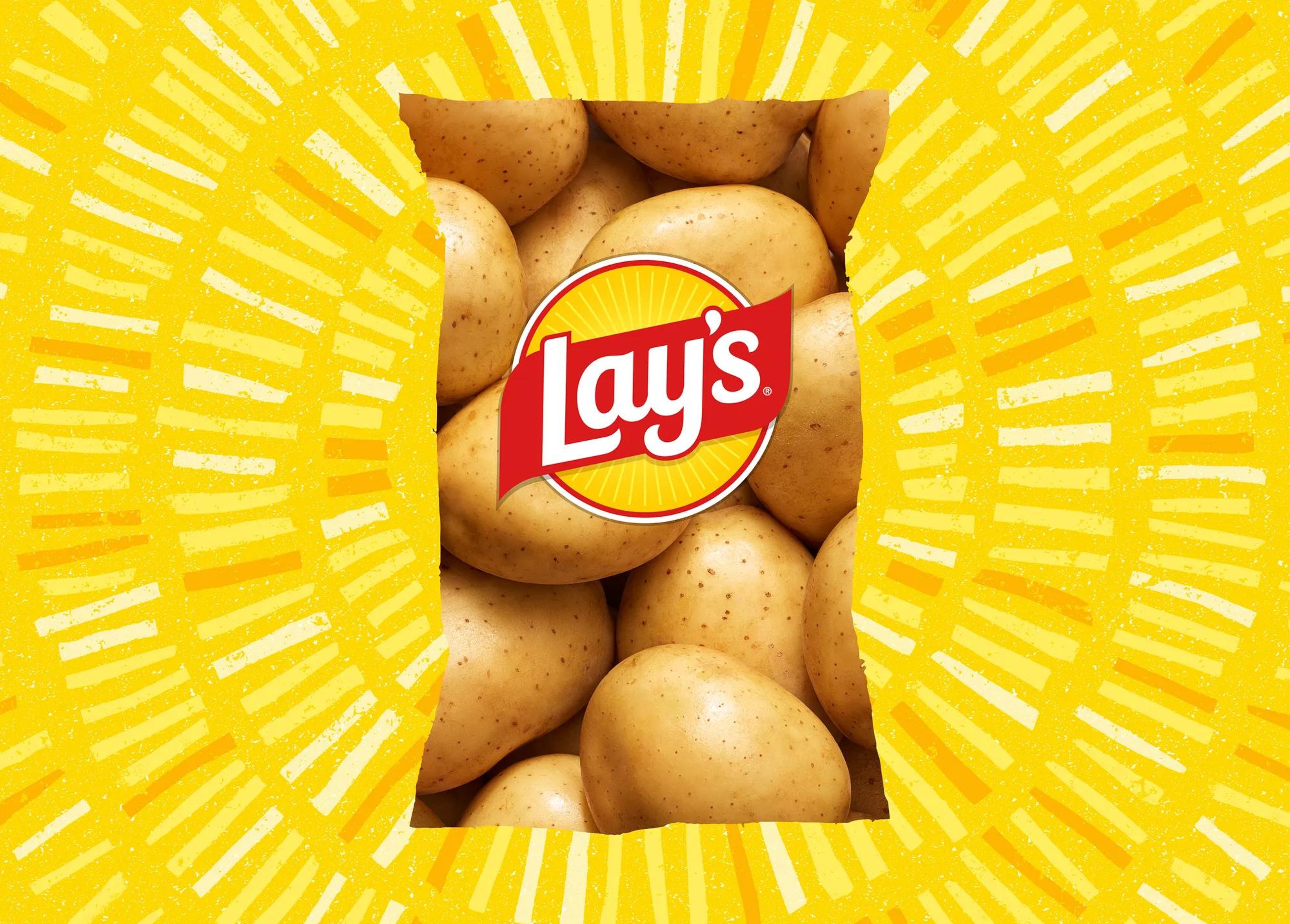 The redesigned Lay's bag with real-potato photography and a warmer sun-ray logo