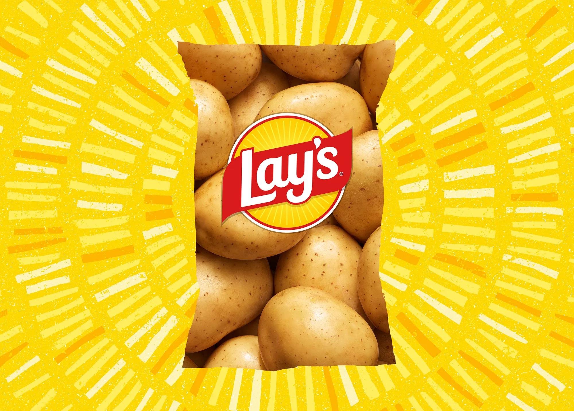 The redesigned Lay's bag with real-potato photography and a warmer sun-ray logo