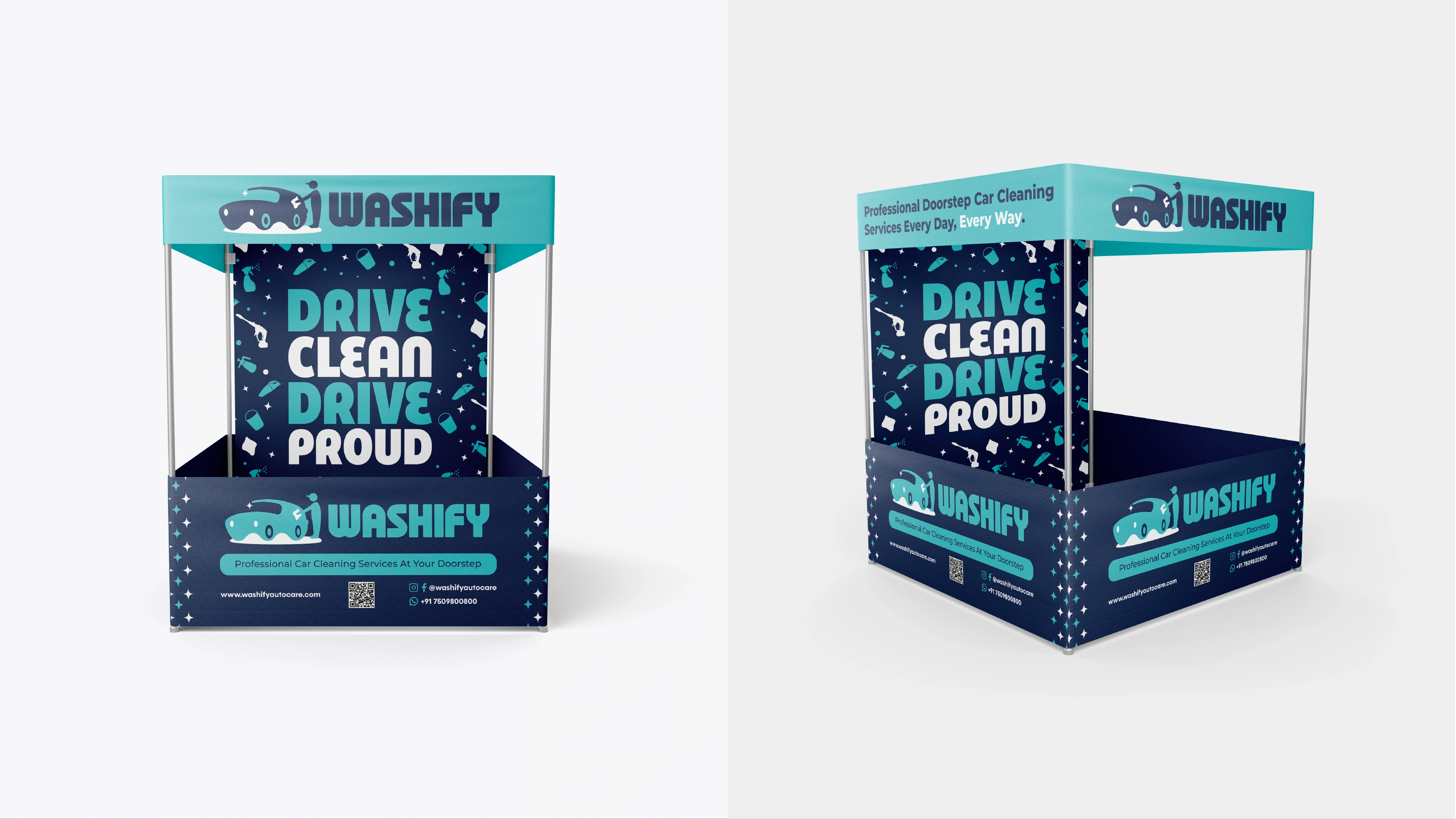 Washify pop-up display booth reading 'Drive Clean Drive Proud' shown from two angles