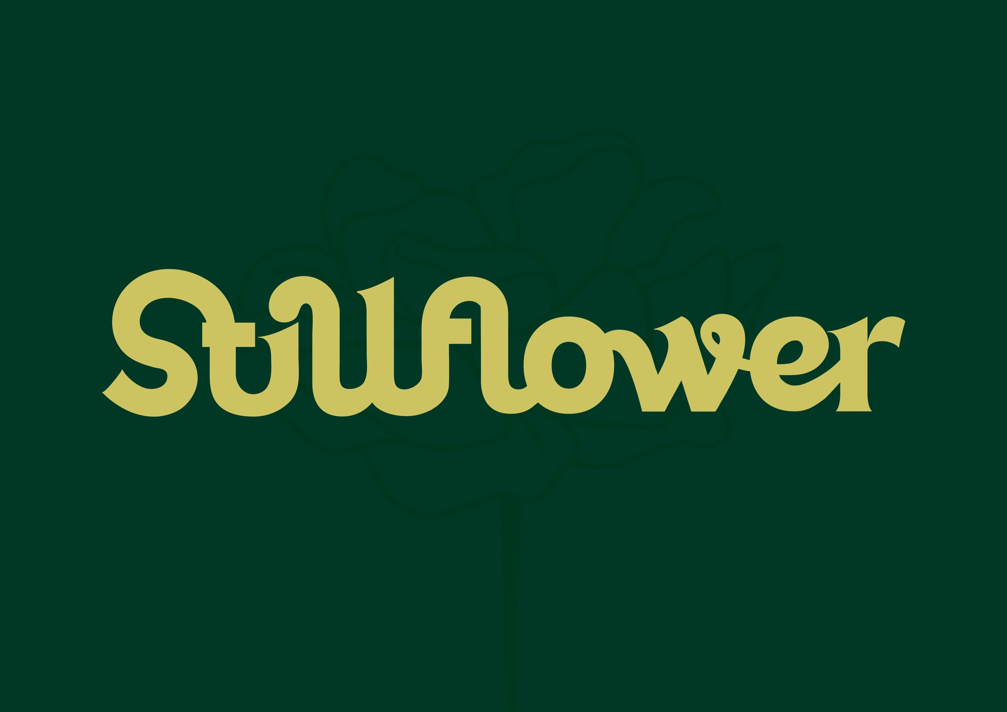 Stillflower wordmark in soft gold serif on dark green with a faint floral mark