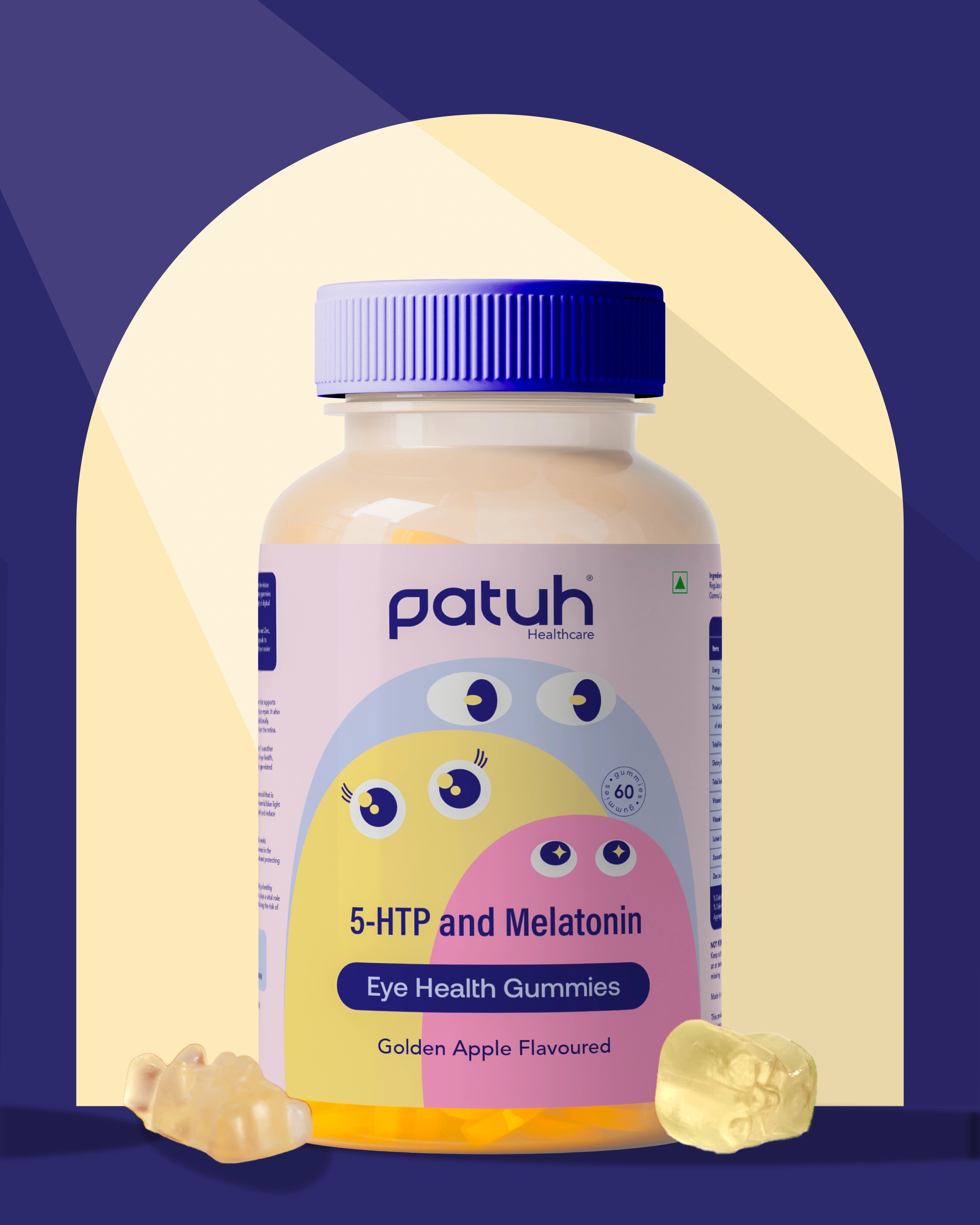 Patuh Healthcare Eye Health gummies — 5-HTP and melatonin, golden apple flavour — with a wide-eyed character on navy
