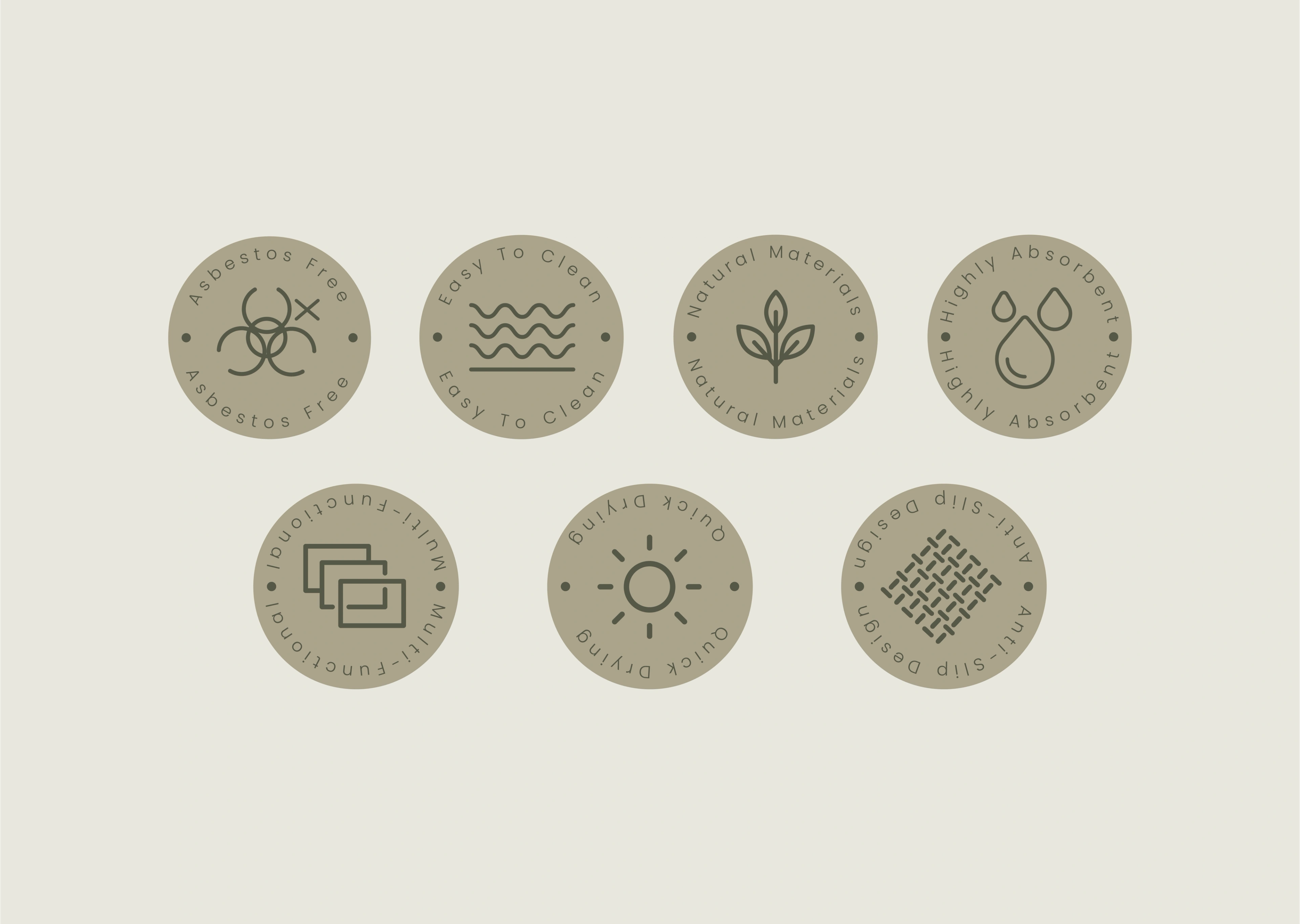 Solvio benefit badge icon set — quick drying, absorbent, anti-slip and more