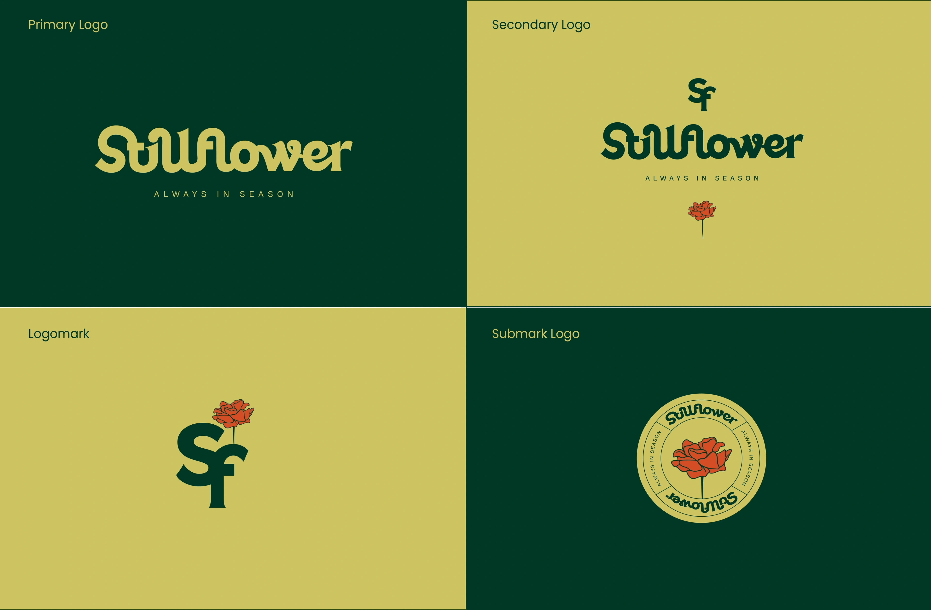 Stillflower logo suite — primary, secondary, logomark and submark across green and gold