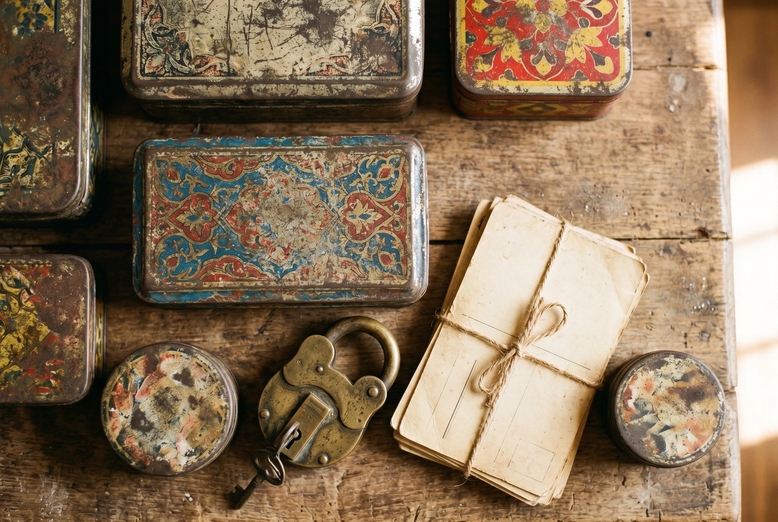 Weathered vintage Indian tin boxes with faded floral patterns