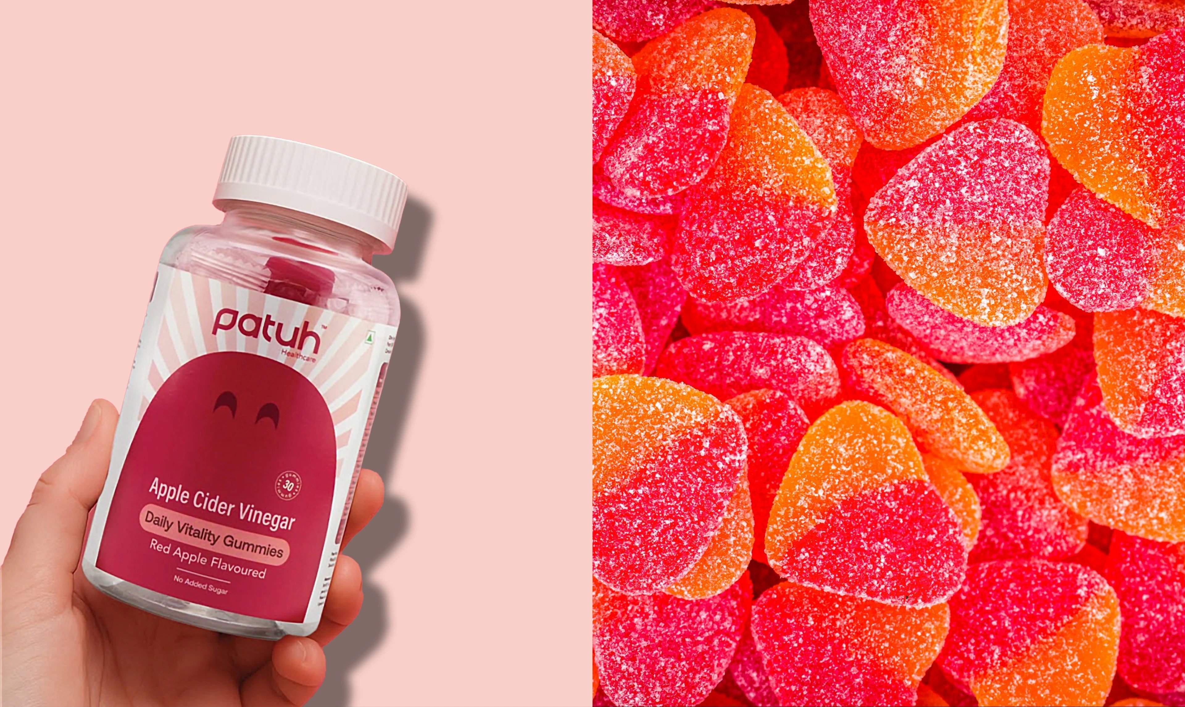 Patuh Healthcare Apple Cider Vinegar gummies held in hand beside a close-up of sugar-coated heart-shaped gummies