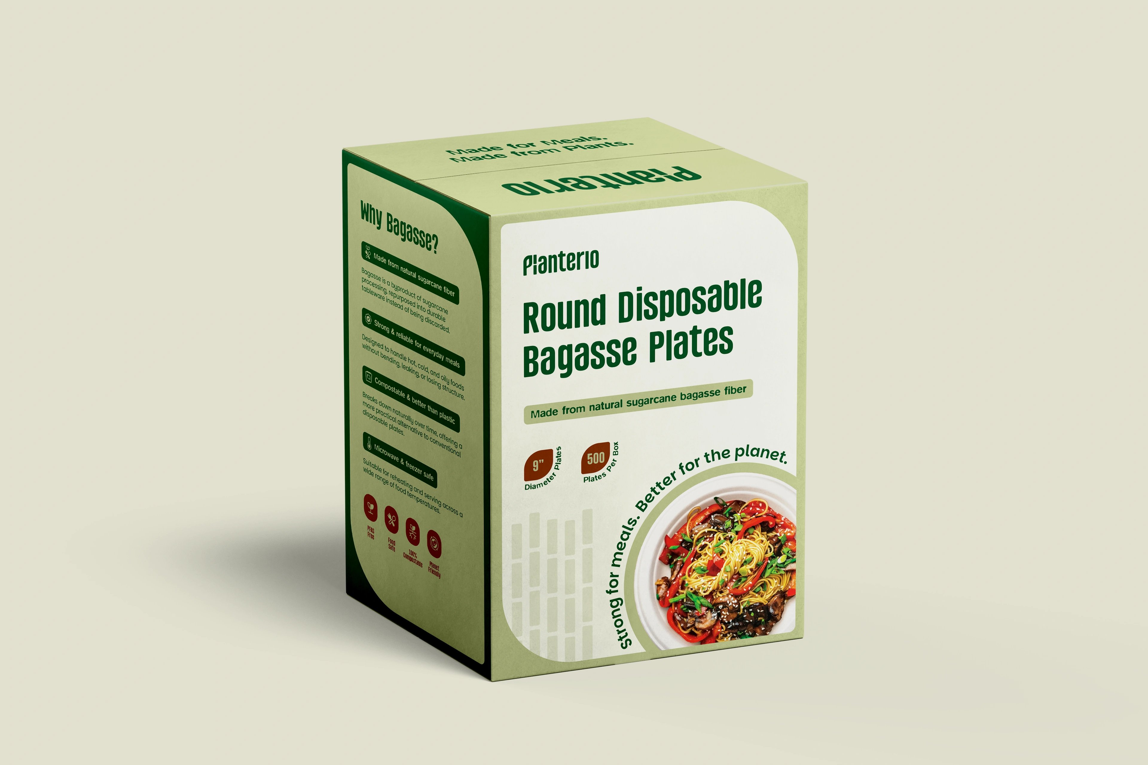 Planterio bagasse-plates box angled on a neutral grey backdrop