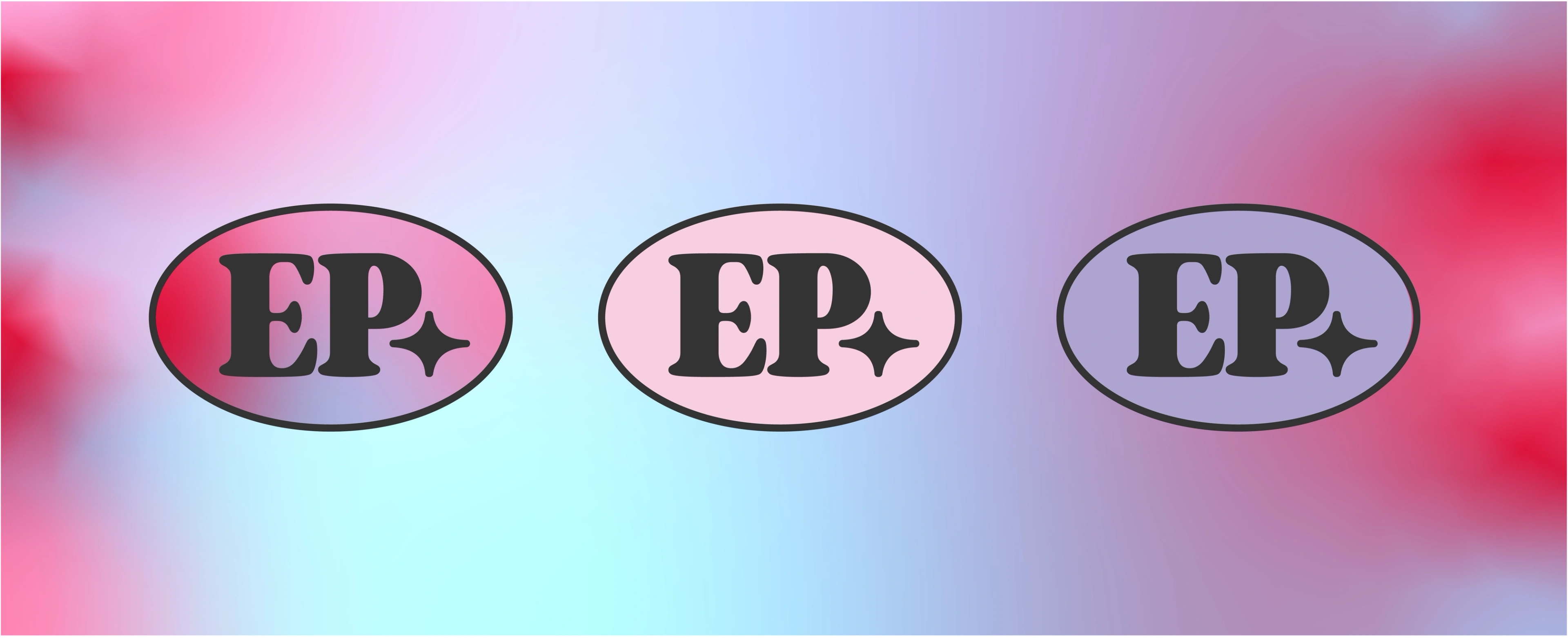 Three colourways of the Elyse Potter EP monogram badge — on pink, cream and steel blue — across a soft pink-to-blue gradient