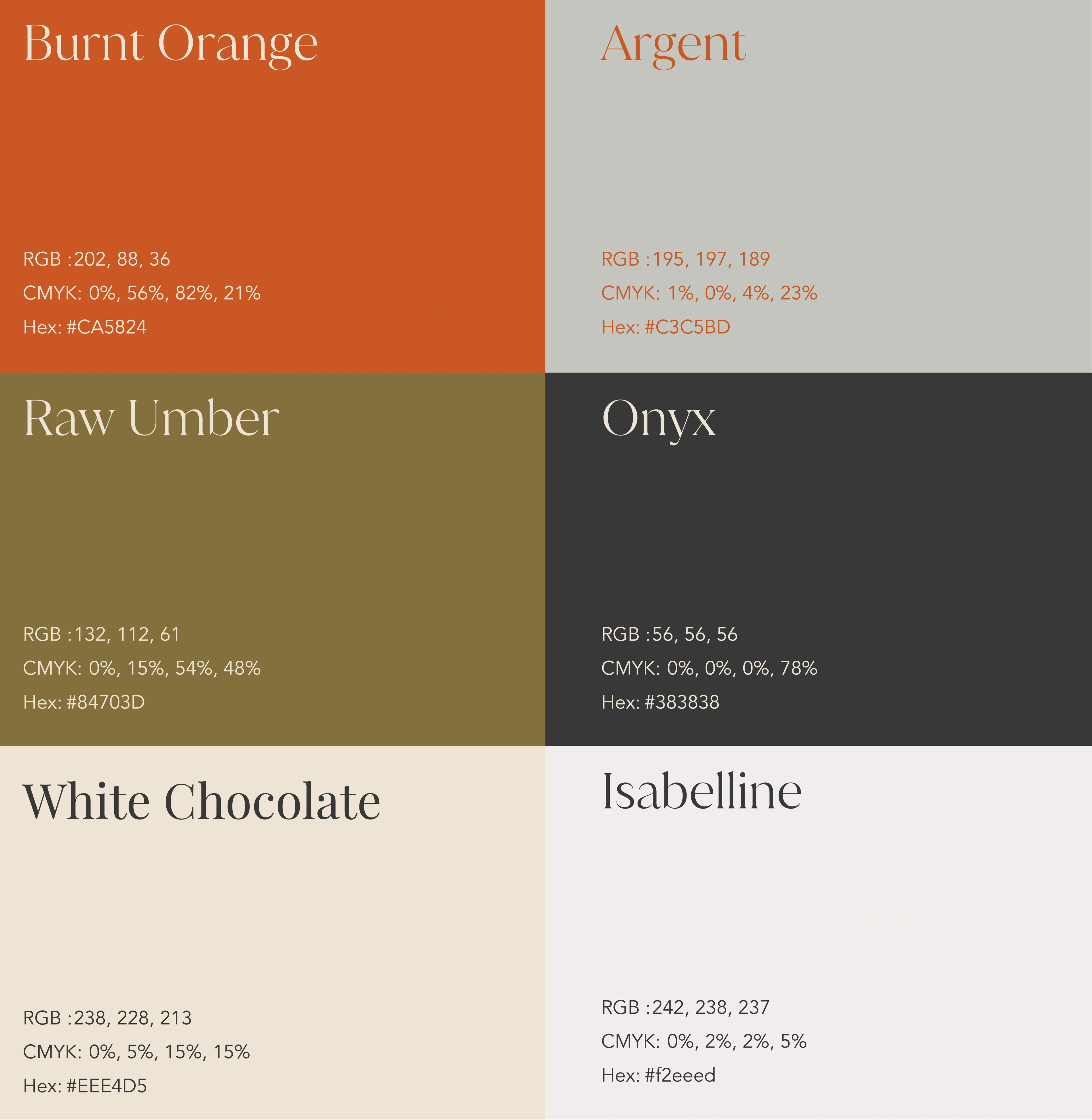 the Captured by J. Moïse colour palette — burnt orange, argent, raw umber, onyx, white chocolate and isabelline