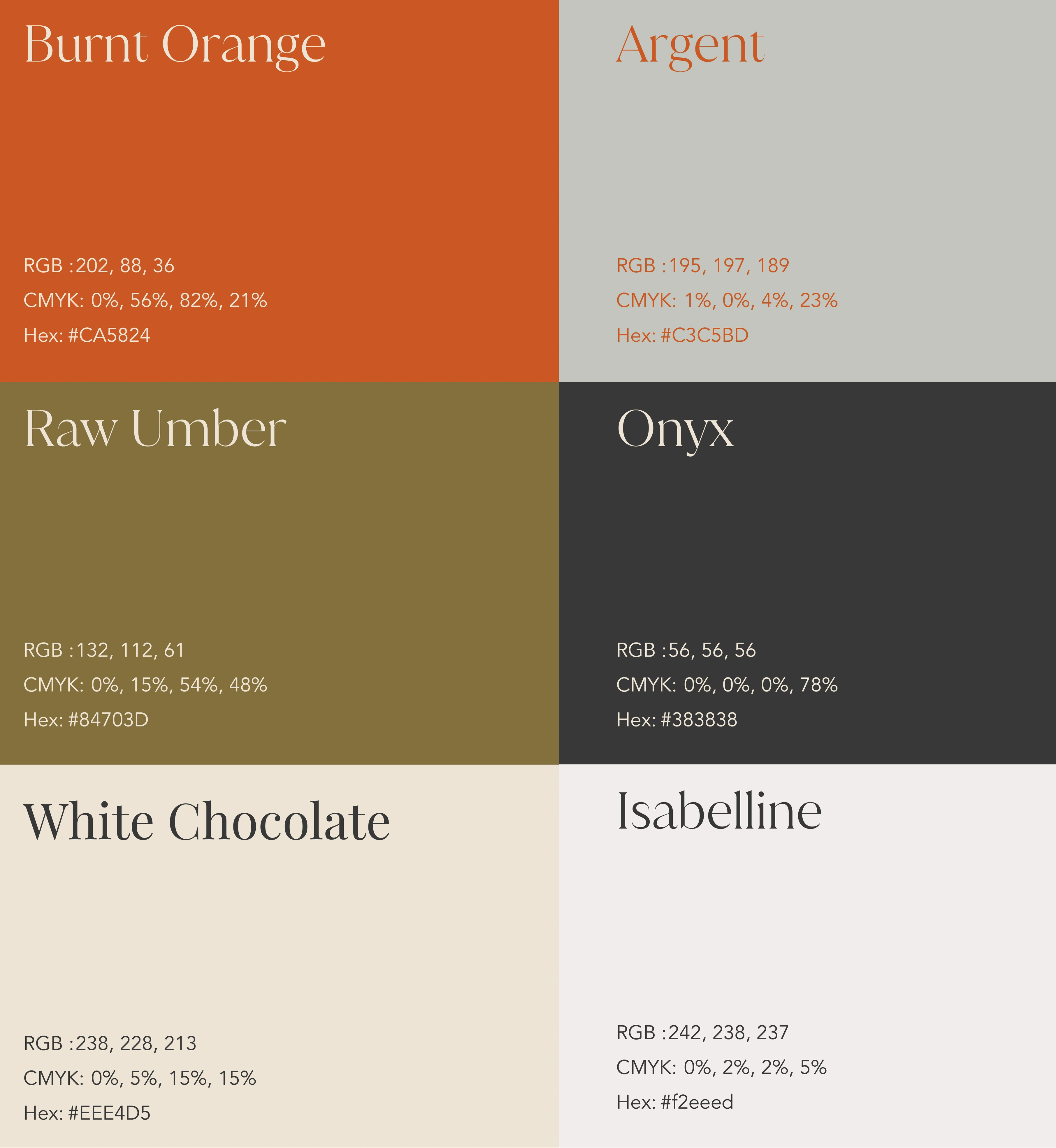 the Captured by J. Moïse colour palette — burnt orange, argent, raw umber, onyx, white chocolate and isabelline