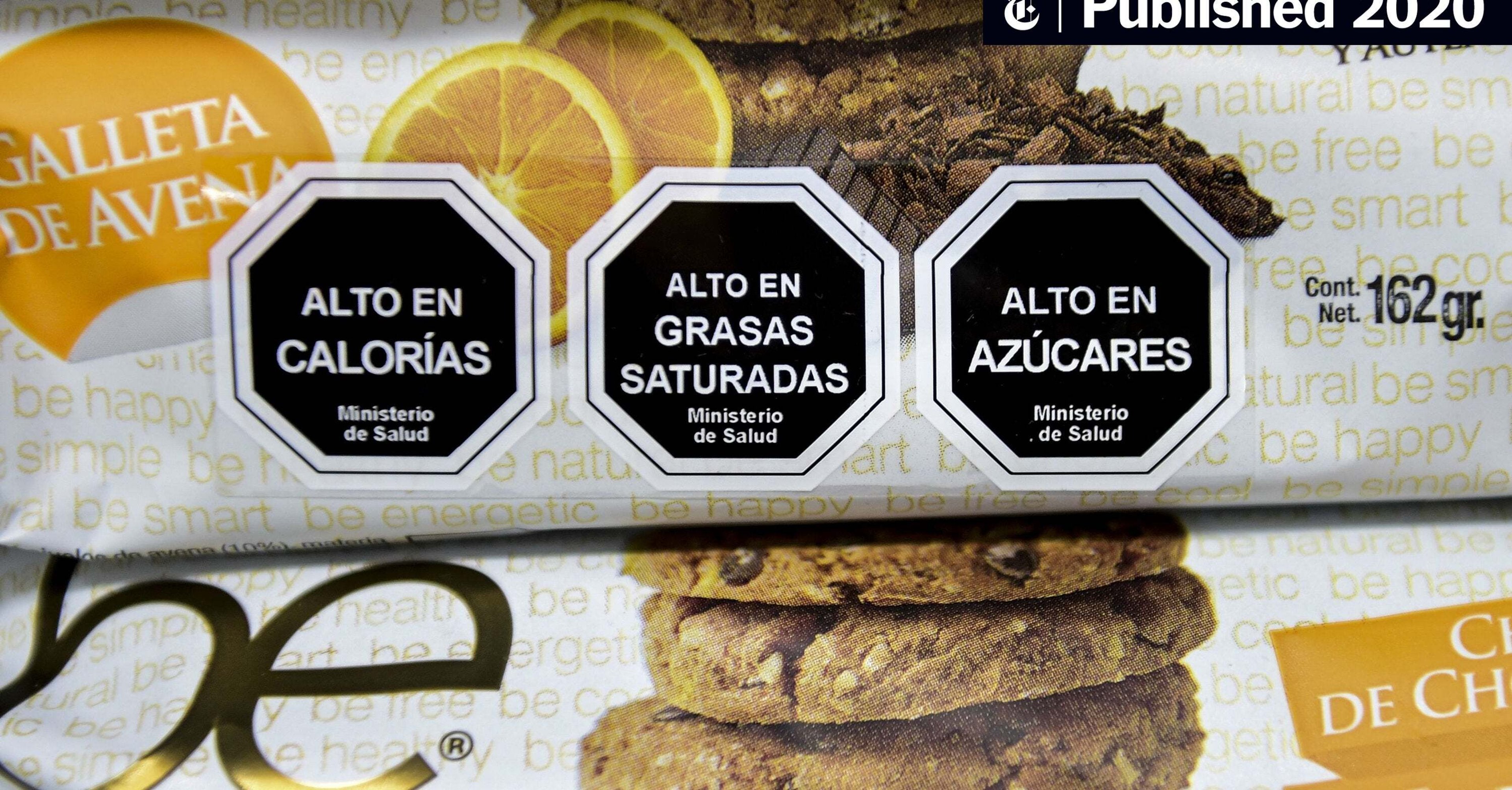 Black octagonal high-in warning labels on cookie packs in Chile