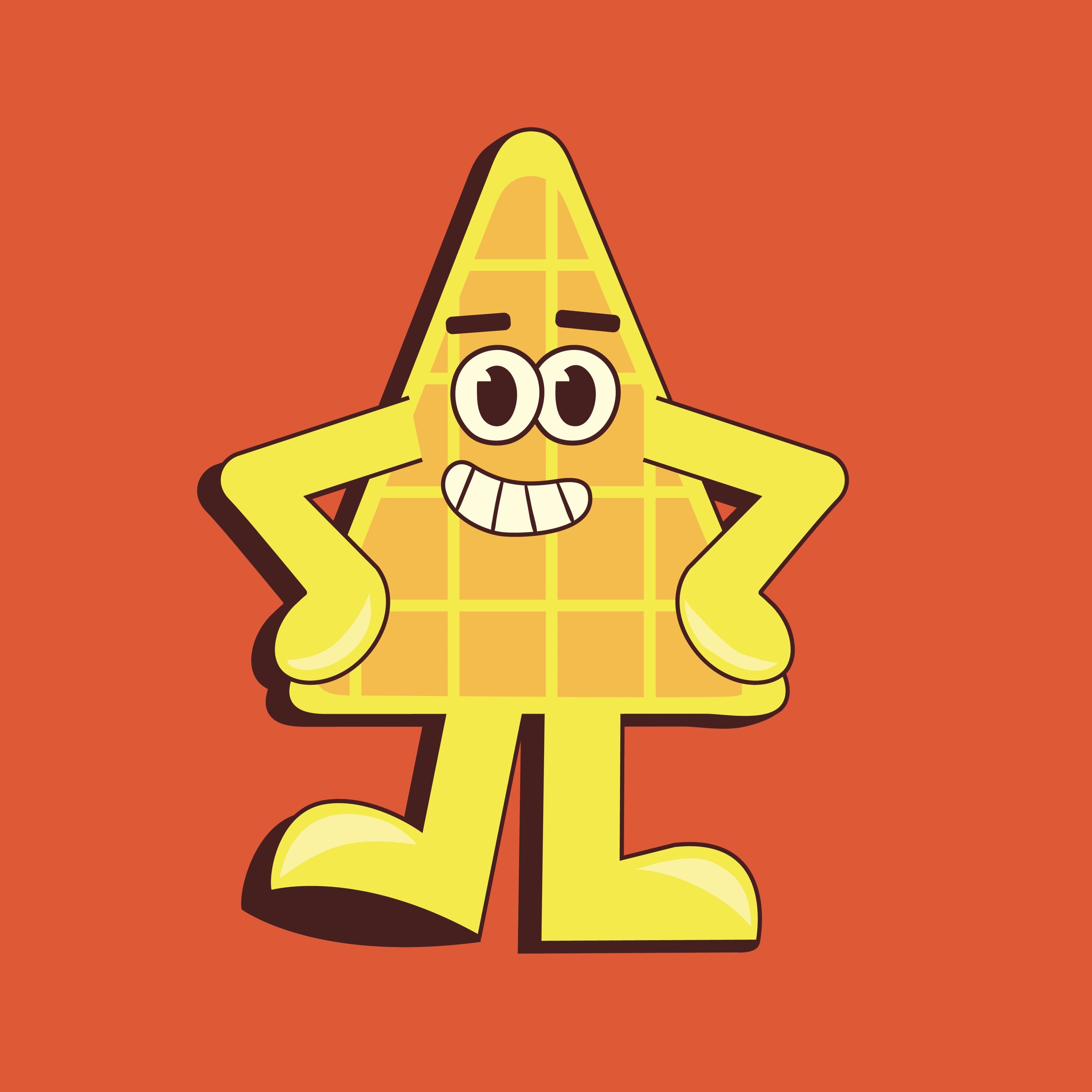 Waffangle mascot, a smiling waffle-textured character standing hands on hips on orange