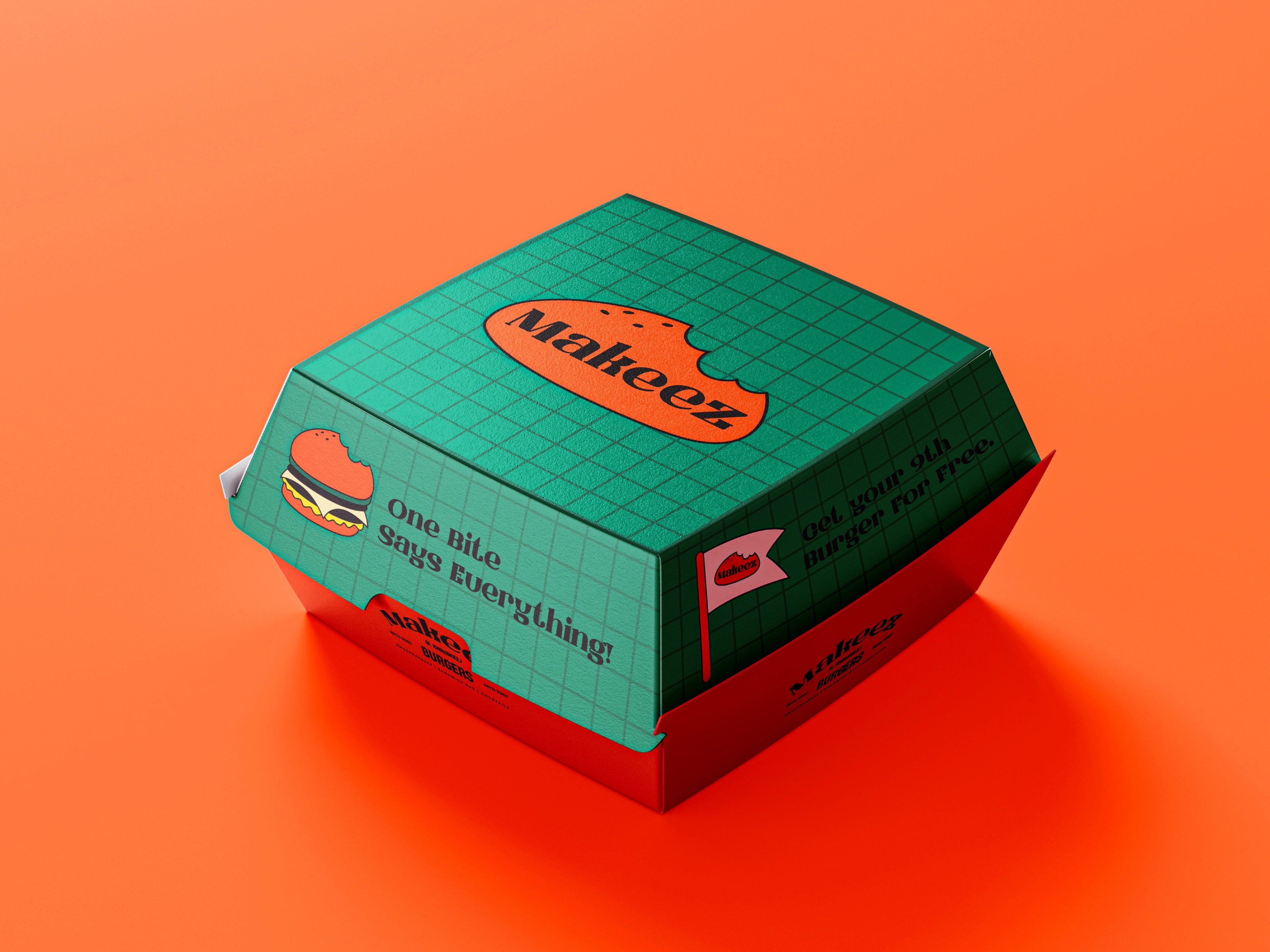 Makeez green burger box reading One Bite Says Everything