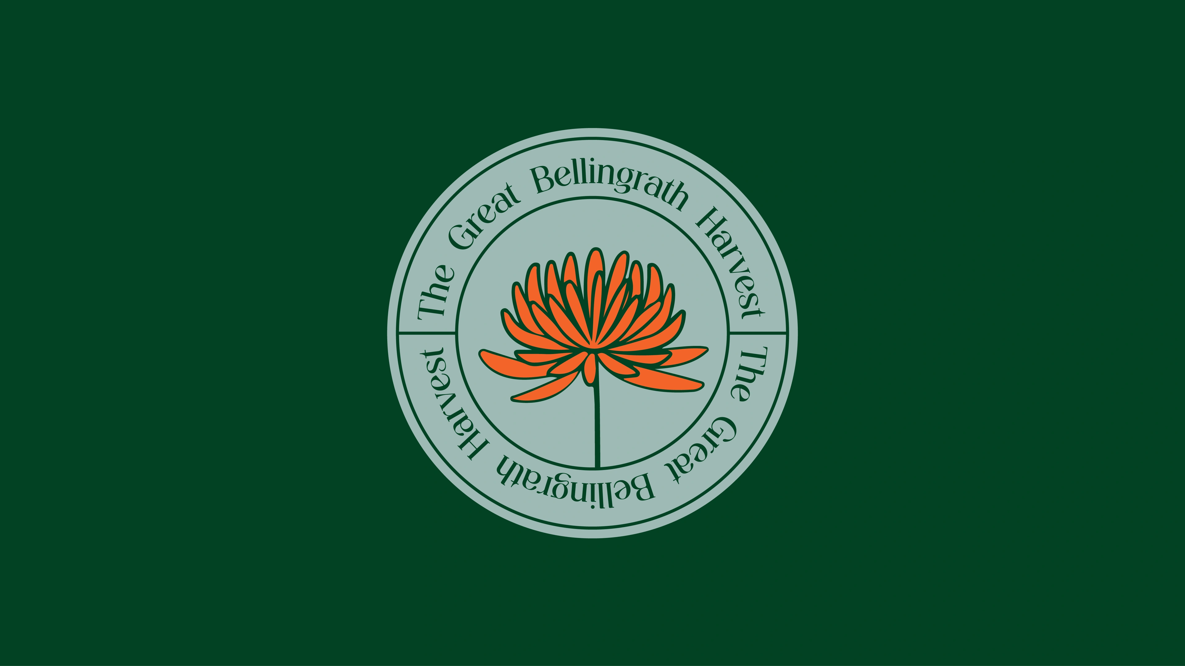 The Great Bellingrath Harvest circular submark badge, an orange flower ringed by the festival name on deep garden green