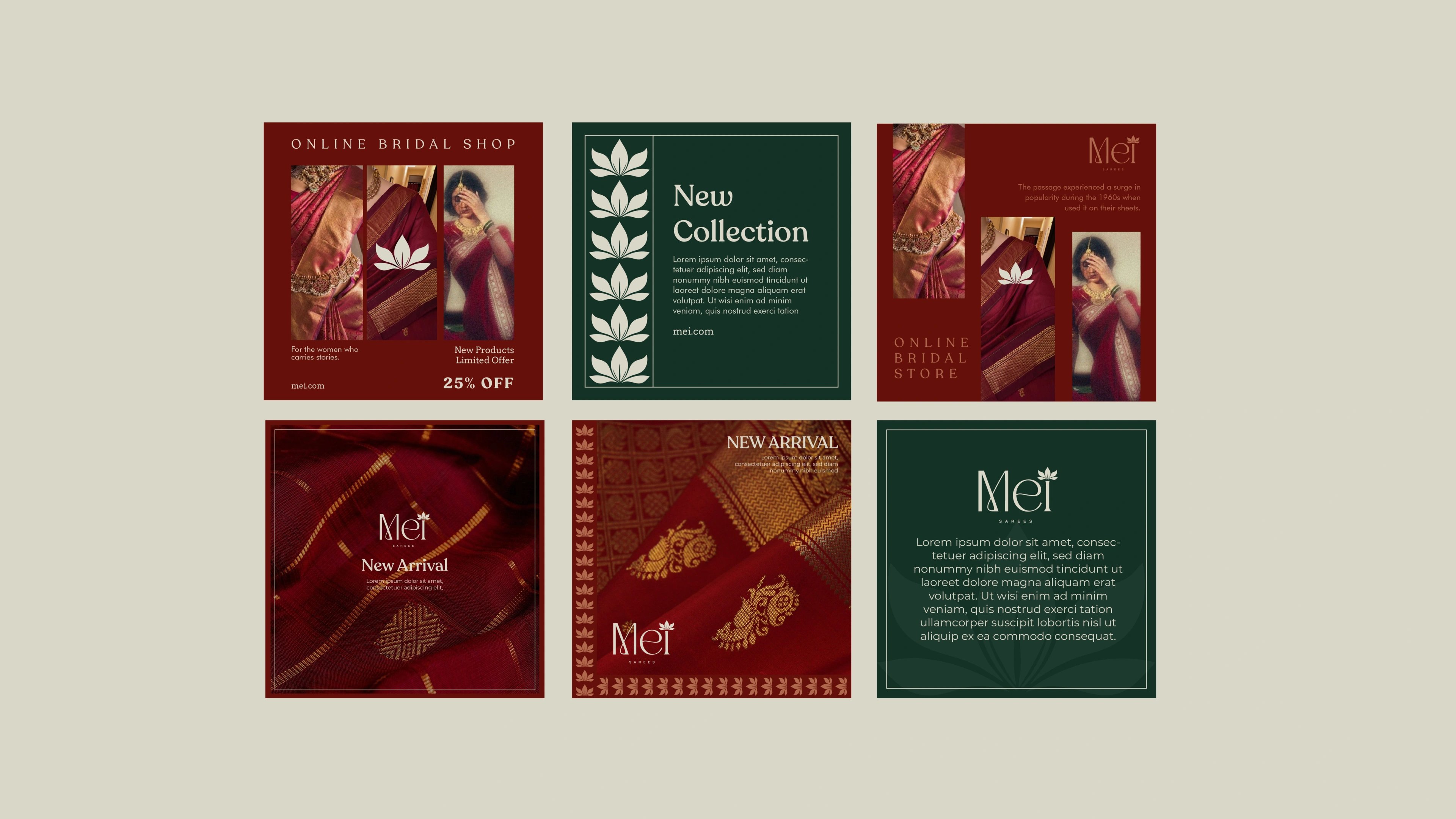 Mei New Collection social grid in maroon and cream