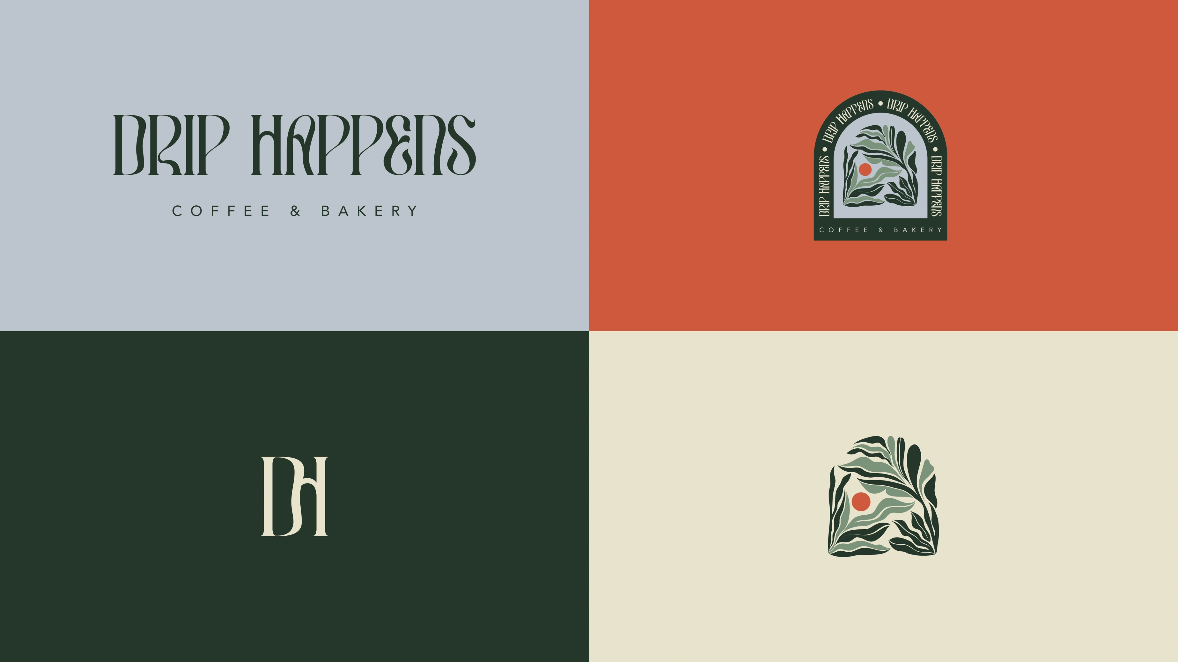 Drip Happens identity system in four colourways — wordmark, arched seal, DH monogram and leaf mark