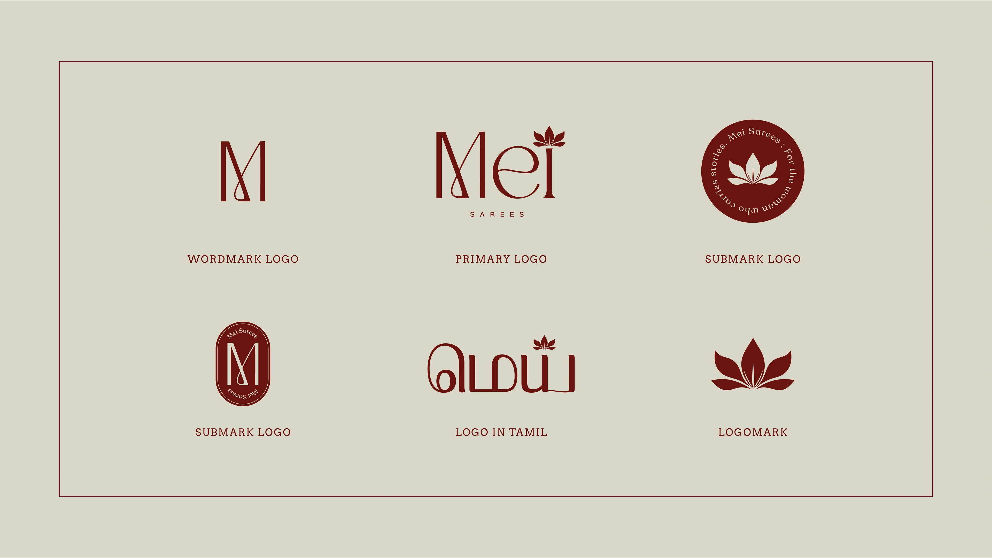 Mei logo system — monogram, wordmark, Tamil mark and lotus submark