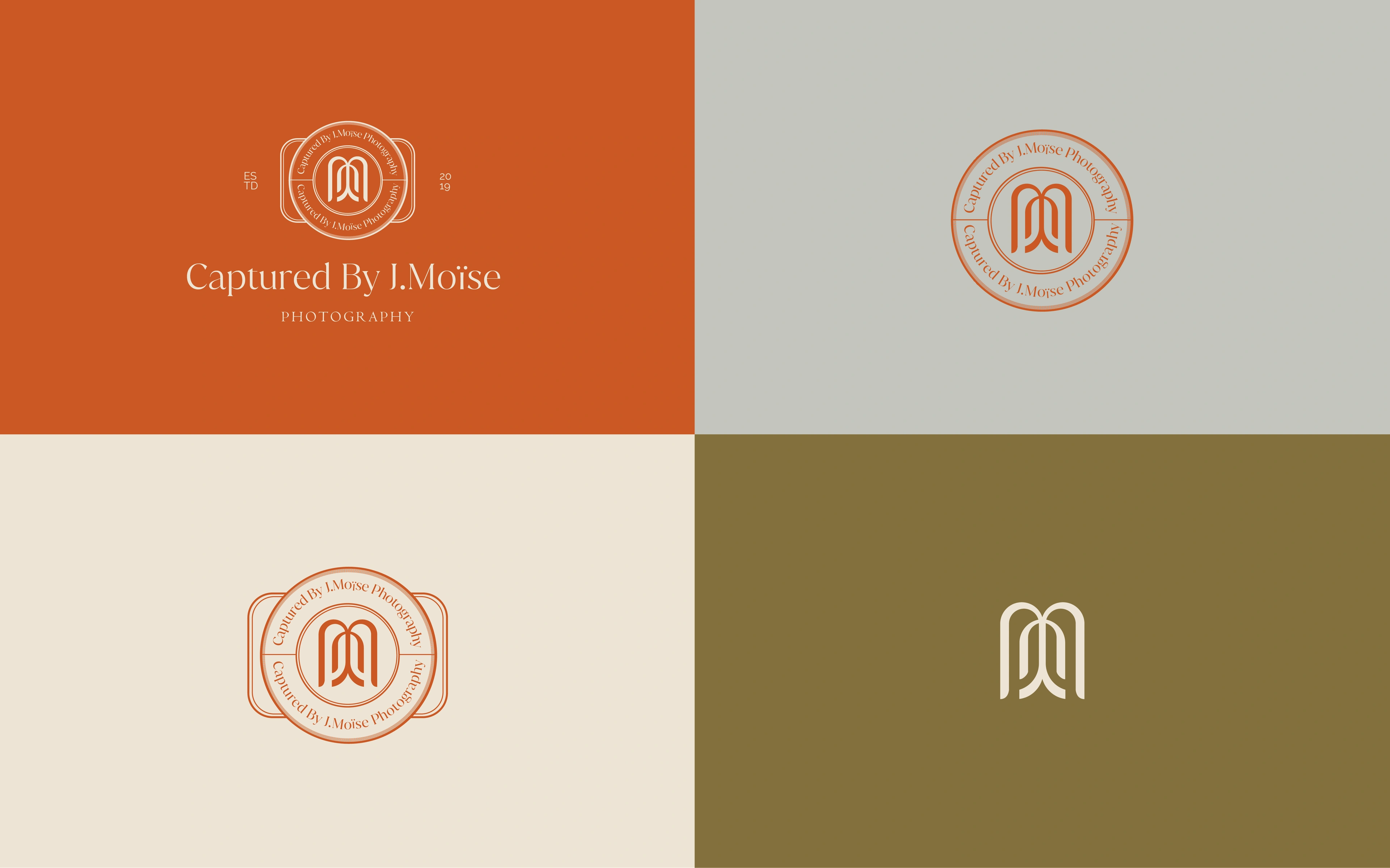 the Captured by J. Moïse brand board — logomark, monogram and seal across burnt-orange, cream and olive panels